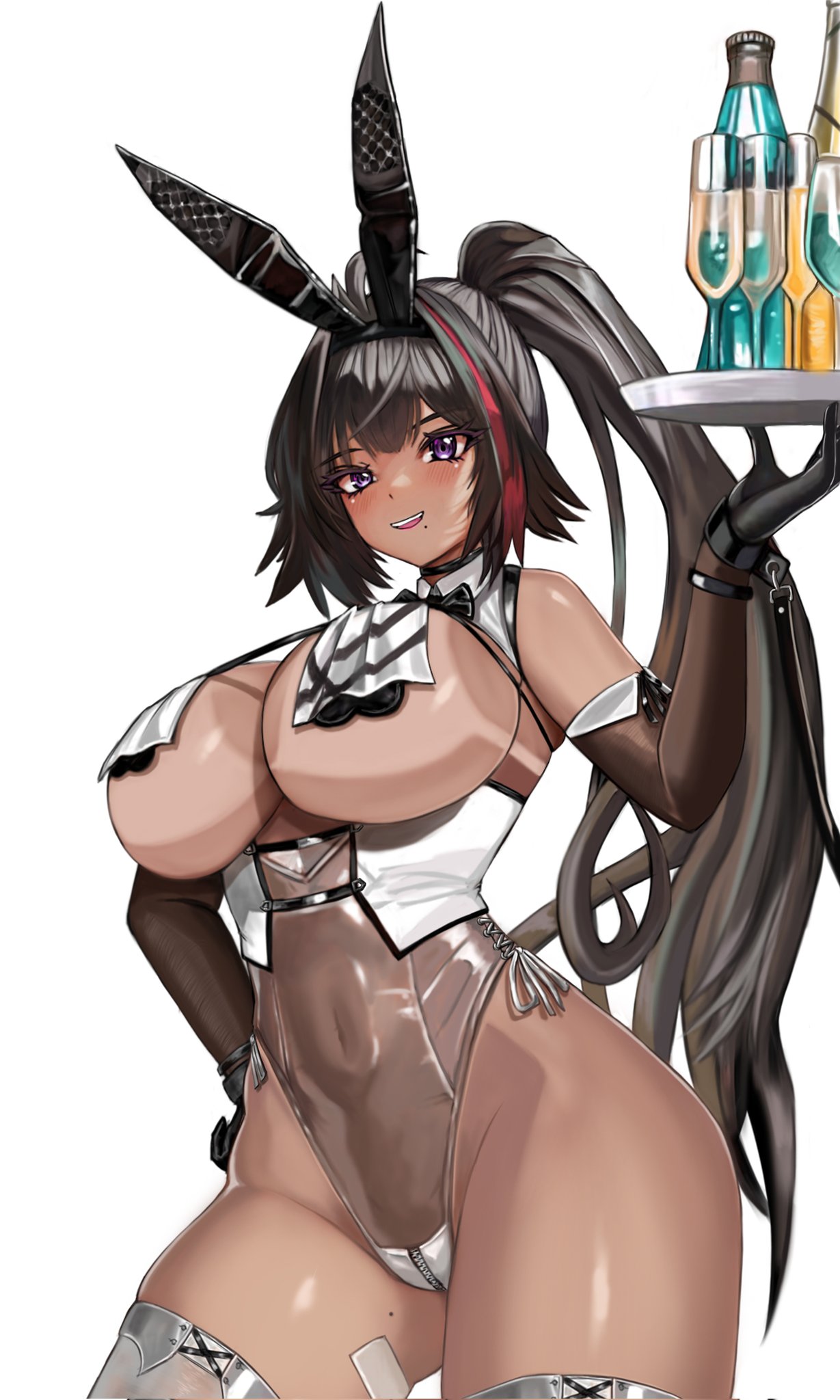 1girls, bay (nikke), bay (radiant rabbit) (nikke), bunny ears, bunnysuit, cleavage, dark-skinned female, female, female only, gloves, goddess of victory: nikke, revealing clothes, seo4738, serving tray, skimpy clothes, solo, solo female, solo focus, thighhighs