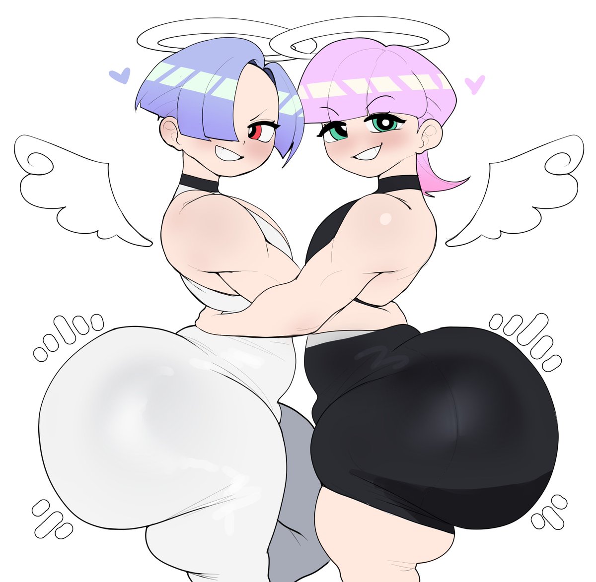 2boys, angel, angel wings, ass, big ass, blue hair, bottom heavy, bubble butt, fat ass, femboy, gluteal fold, halo, huge ass, large ass, looking at viewer, male, male only, massive ass, motylek, panty & stocking with garterbelt, pink hair, polyester (psg), polyurethane (psg), side view, take your pick, thick ass, thick thighs, thunder thighs, wide hips, wings