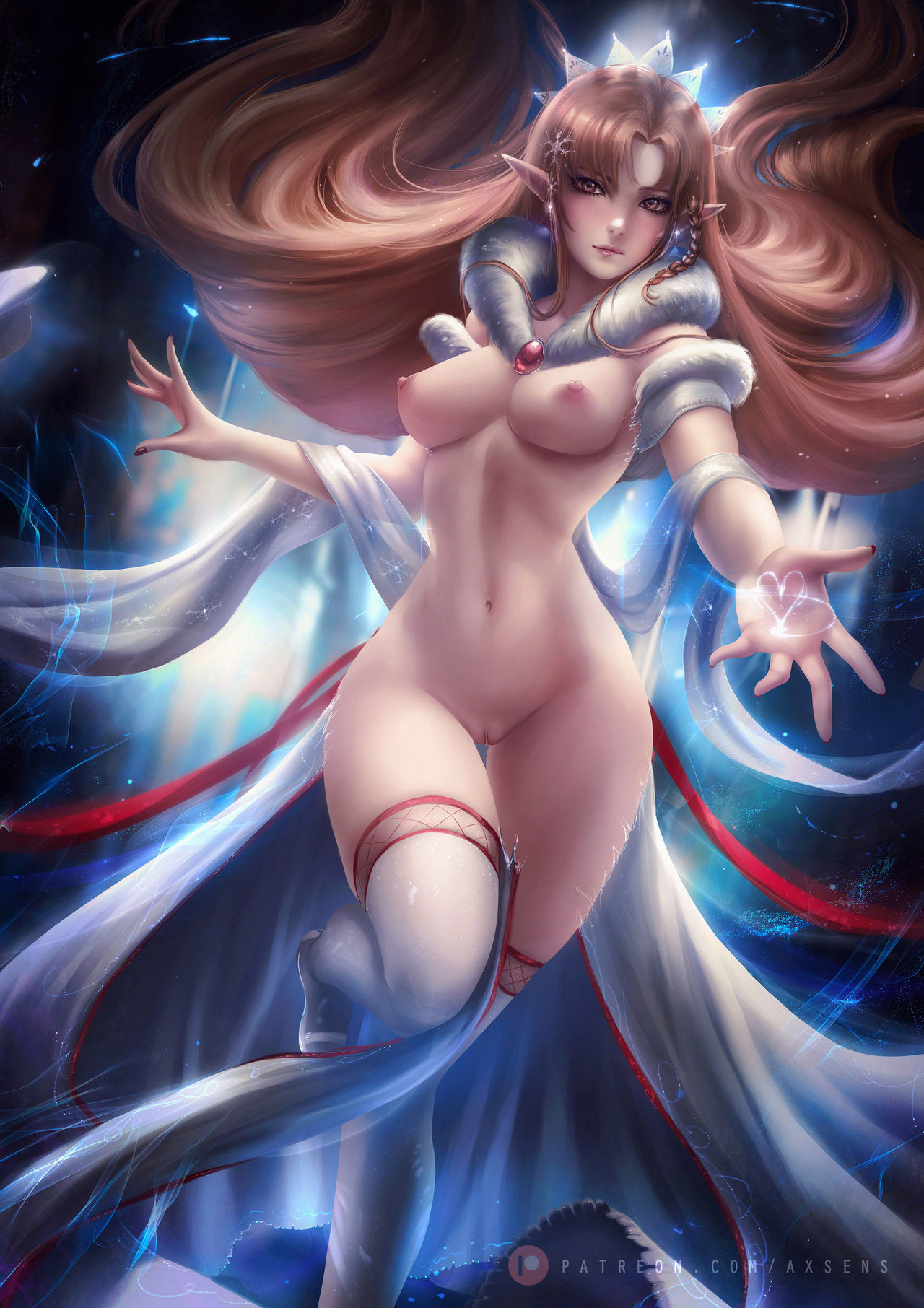 alfheim online, areolae, axsens, breasts, elf, female, female only, hair, human, navel, nipples, pussy, solo, solo focus, sword art online, thighhighs, titania (sao), yuuki asuna