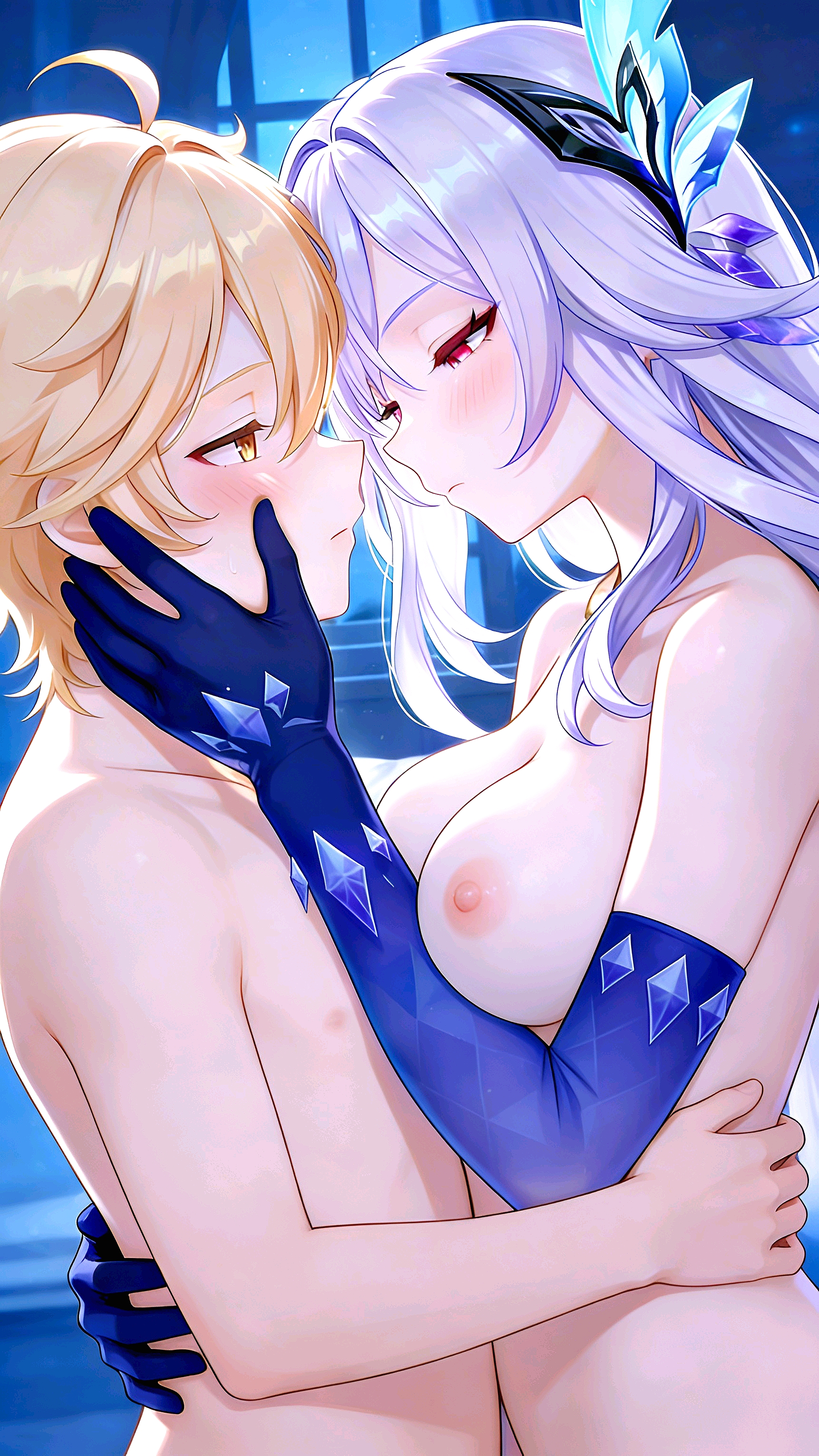 aether (genshin impact), ai generated, close-up, genshin impact, holding waist, hoyoverse, lovers, naked, naked female, naked male, sexy, skirk (genshin impact), touching face, waifu