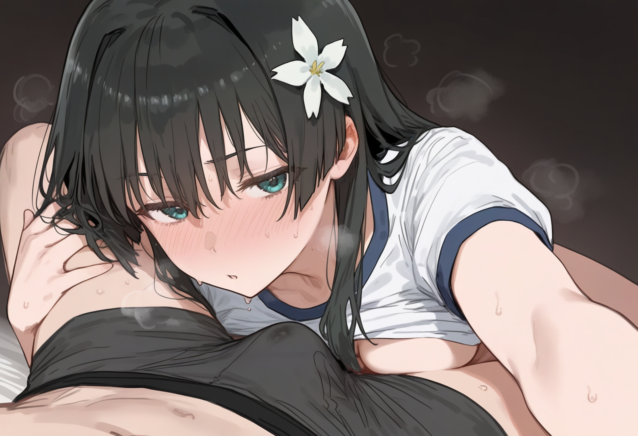 1boy, 1boy1girl, 1girls, a certain magical index, ai generated, black hair, breasts out, erection, erection under clothes, flower in hair, imminent fellatio, imminent oral, imminent sex, japanese, japanese female, lying on bed, myuto, older male, older male and younger female, saten ruiko, to aru majutsu no index, white shirt, young