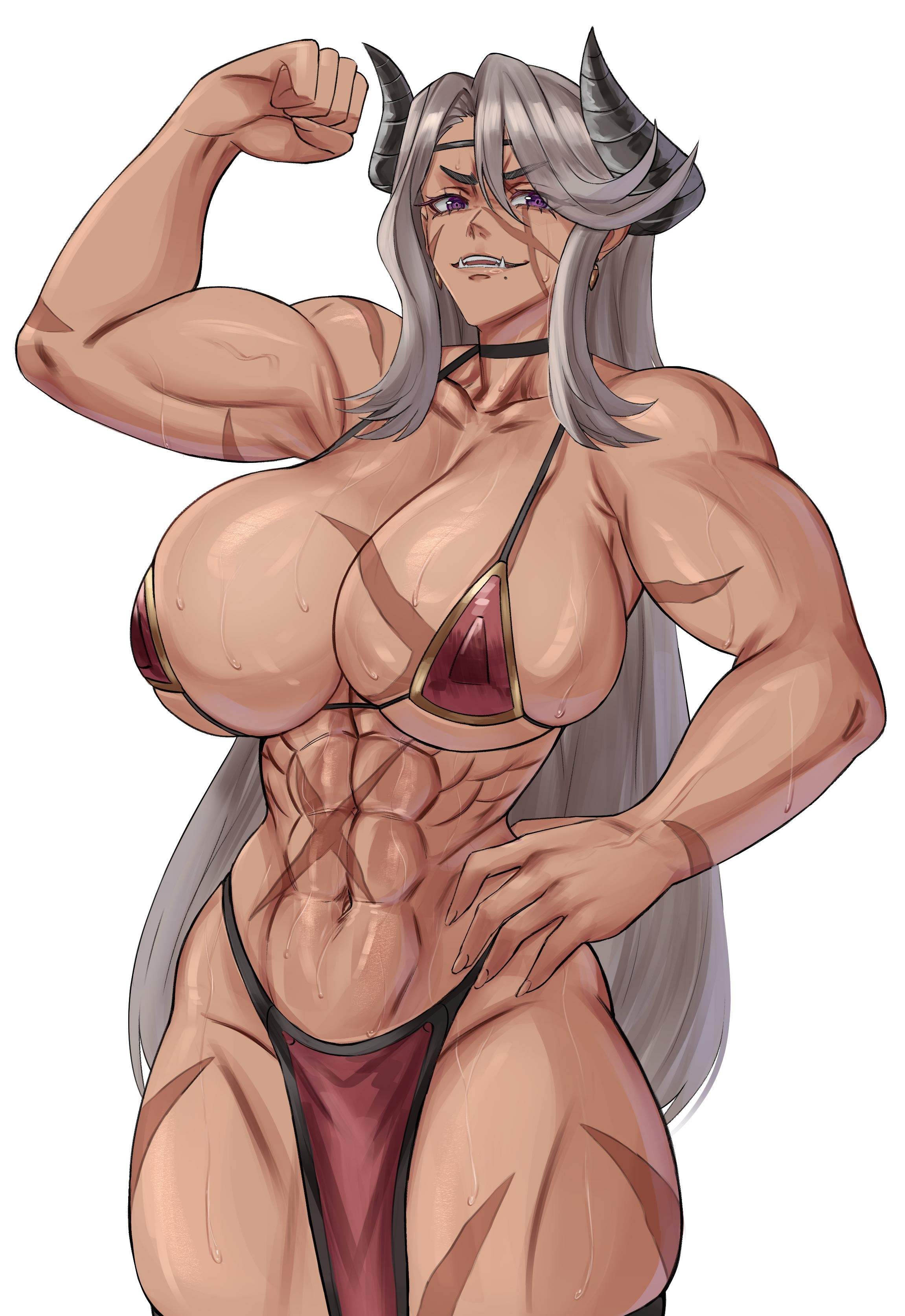 1girls, abs, dark skin, dark-skinned female, desmos salamandis, female focus, hi res, horns, huge ass, huge breasts, long hair, purple eyes, reincarnation coliseum, sacro kies, scars, seductive, seductive look, showing off, tensei colosseum, toned, toned female, white hair