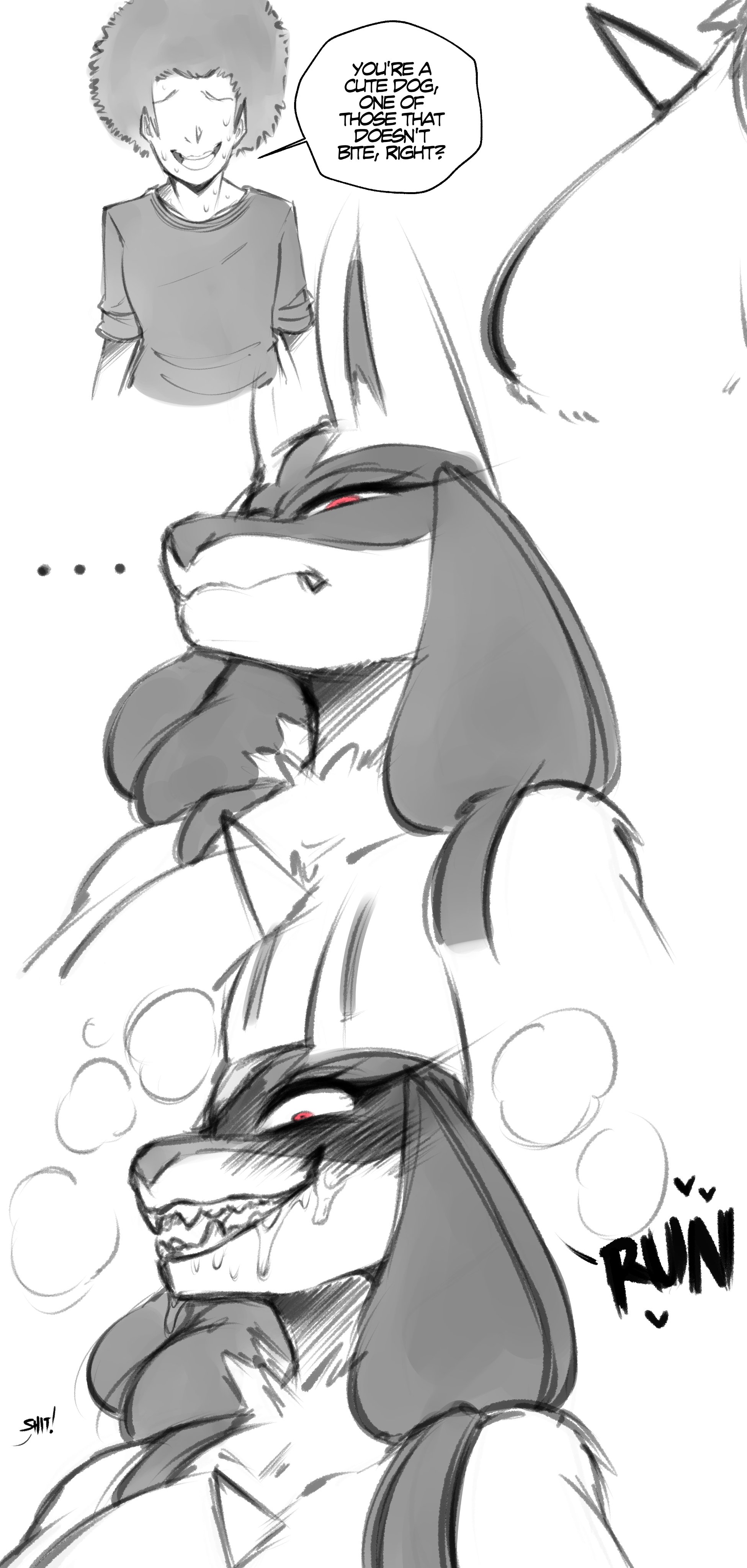 ..., 1boy, 1girls, absurd res, afro, anthro, blush, dialogue, drooling, english text, eyelashes, eyeless male, fangs, female, female lucario, generation 4 pokemon, greyscale, heart, heavy blush, horny female, human, lucario, male, naughty face, nintendo, open mouth, pokemon, pokemon (species), red eyes, saltyxodium, smiling, speech bubble, white background