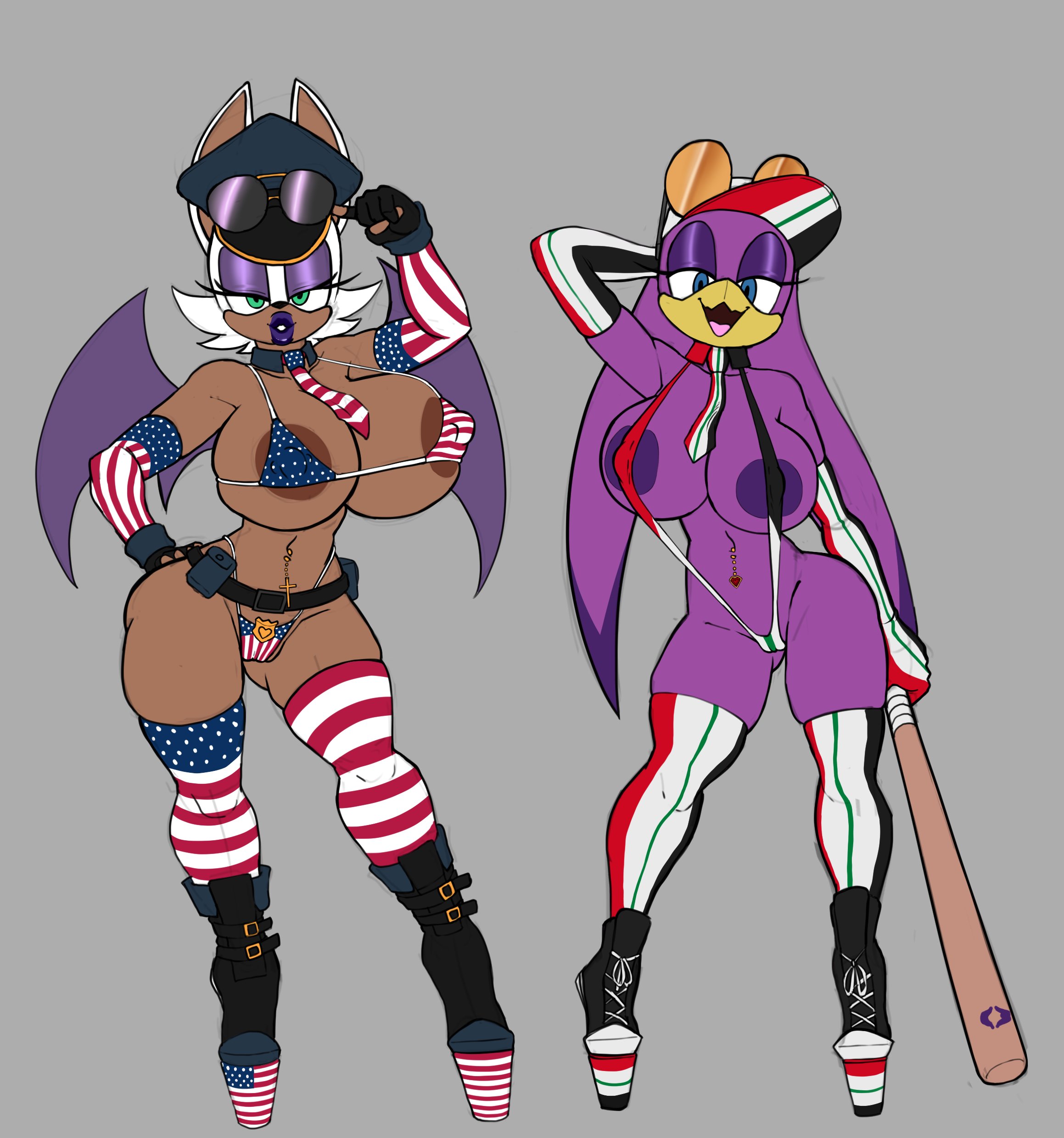 2girls, alternate breast size, alternate version available, american flag, american flag bikini, american flag print, animal ear, anthro, areola slip, areolae, arm behind head, armwear, avian, baseball bat, bat, bat ears, bat wings, beak, belly button, belly piercing, belt, big breasts, big lips, bikini, bikini bottom, bikini top, bimbo, bimbo lips, bird girl, blue eyes, bottomwear, breasts, cleavage, elbow gloves, eyeshadow, female, female only, fingerless gloves, flag print, flag print bikini, footwear, full body, gloves, green eyes, half-closed eyes, hand on hip, handwear, hat, headwear, heels, high heels, hips, holding object, huge breasts, legs, legwear, lips, micro bikini, necktie, neckwear, parted lips, pierced belly button, piercing, piercings, platform heels, police hat, purple body, purple eyeshadow, purple lips, purple skin, revealing clothes, rouge the bat, sega, shoes, skimpy, skimpy bikini, sling bikini, sonic (series), sonic the hedgehog (series), sunglasses, sunglasses on head, swimwear, thick lips, thick thighs, thighhighs, thighs, topwear, wave the swallow, wayesh, wide hips, wings