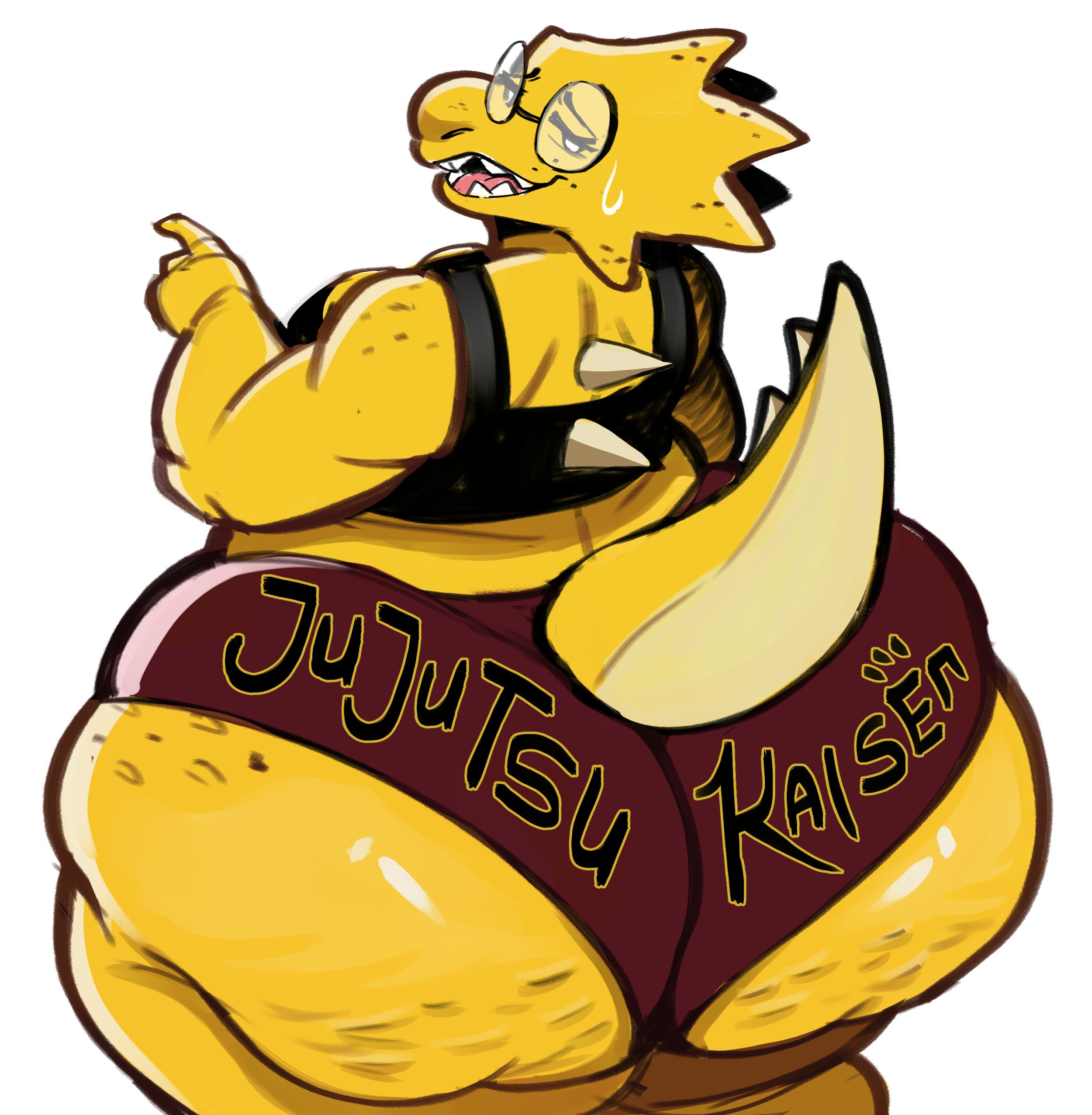 1girls, absurd res, alphys, anthro, ass, back spikes, big ass, big butt, bodily fluids, bra, bubble butt, cellulite, chubby, clothed, clothing, deltarune, eyewear, female, female anthro, freckled face, freckled hips, freckled shoulders, freckles, glasses, glistening, glistening body, hi res, huge ass, huge butt, jujutsu kaisen, lizard, looking at viewer, looking back, nathanatwar, nerd, nerdy female, open mouth, panties, rear view, reptile, scalie, sharp teeth, simple background, solo, spikes, spikes (anatomy), sweat, tail, teeth, text, text on clothing, thick thighs, undertale, undertale (series), underwear, weeb, whateverdoes, wide hips, yellow body