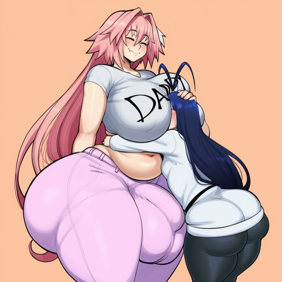 2d, ai generated, antenna hair, ass, astolfo (fate), balls, belly, between breasts, big ass, big balls, big breasts, big butt, big cock, big penis, big testicles, big thighs, bleach, blue hair, blush, breast smother, breasts, bubble butt, bulge, bulge through clothing, bulge under clothes, closed eyes, closed mouth, clothes writing, cock, crop top, duo, erection, erection under clothes, face to breasts, fat, fate (series), fate/grand order, futa only, futa with female, futa/female, futanari, gigantic balls, gigantic testicles, gigigens, giselle gewelle, hair between eyes, hair intakes, hand on another's head, head between breasts, height difference, hug, huge ass, huge balls, huge breasts, huge butt, huge cock, huge testicles, huge thighs, large ass, large balls, large breasts, large butt, large cock, large penis, large testicles, large thighs, light-skinned futa, long hair, massive ass, massive balls, massive butt, massive cock, massive penis, massive testicles, midriff, multiple futa, navel, oerba yun fang, orange background, otoko no ko, pants, pantyhose, penis, penis bulge, pink hair, plump, rule 63, shirt, short sleeves, simple background, size difference, smile, testicles, thick ass, thick butt, thick cock, thick penis, thick thighs, thighs, veins, very long hair, wide hips