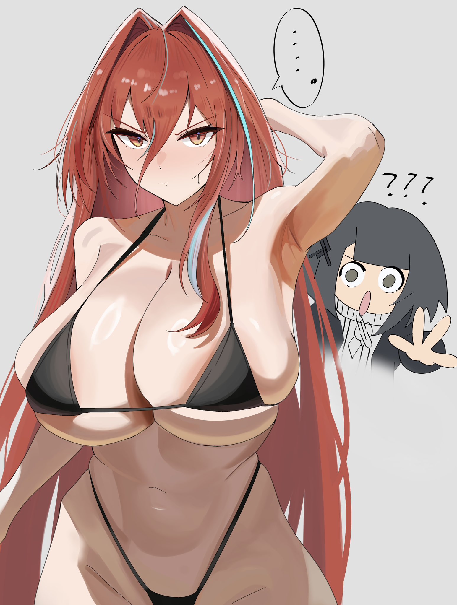 ..., 1010haka, 2girls, annoyed, arknights, arknights: endfield, arm behind head, bikini, black bikini, blush, dot mouth, ember (arknights: endfield), endministrator (arknights: endfield), female endministrator (arknights: endfield), female pervert, highleg, huge breasts, multiple girls, skindentation, thick thighs, wide hips