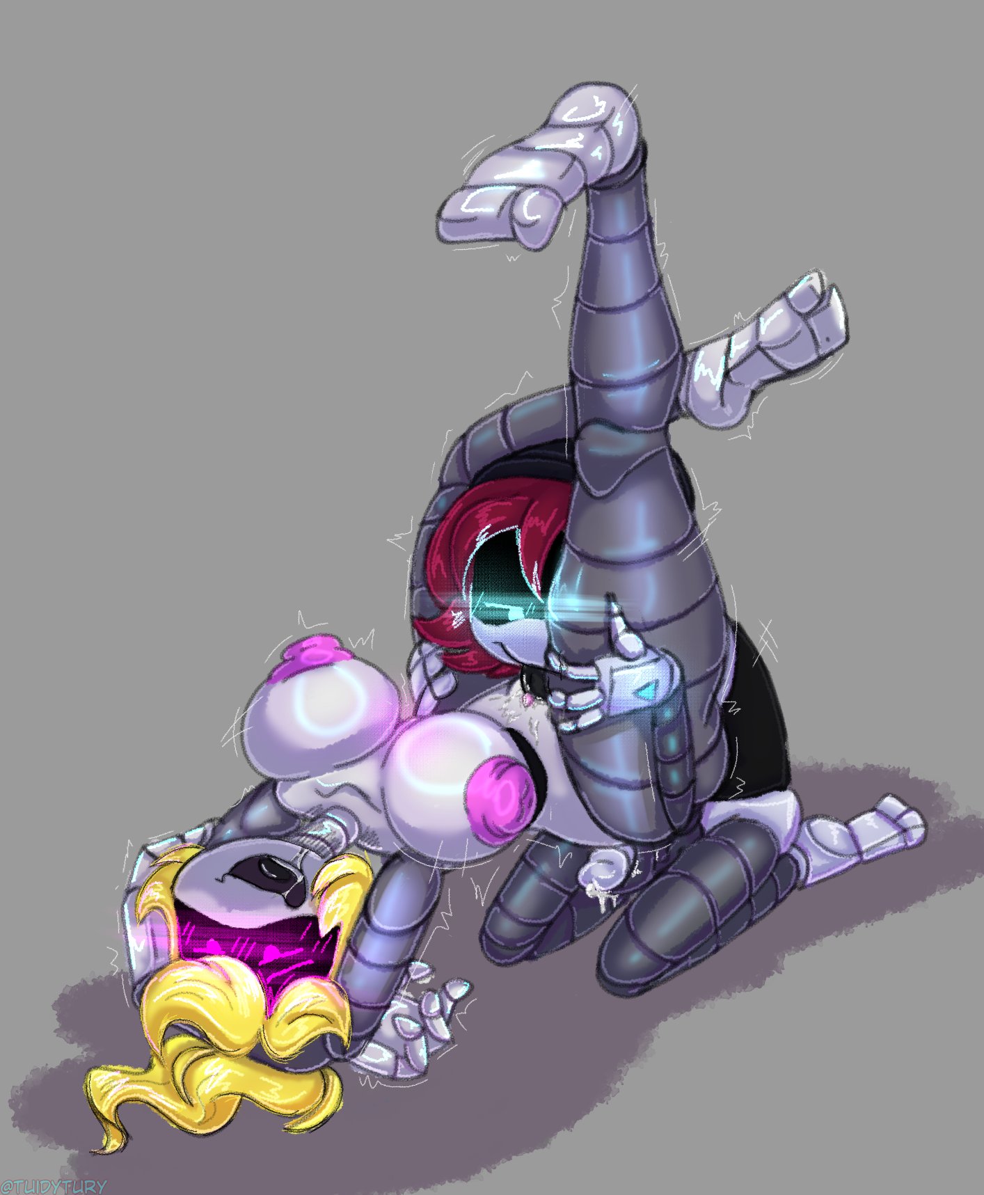 1boy, 1boy1girl, 1girls, arms behind back, arms behind head, arms up, beanie, beanie hat, between legs, between thighs, big breasts, blonde hair, blue eyes, canon x oc, eating out, eating pussy, feet, feet up, female, glitch productions, huge breasts, licking, licking pussy, lizzy (murder drones), murder drones, oc, oc x canon, on back, on knees, oral, penis, pink eyes, pink nipples, precum, precum drip, pussy, pussy juice, red hair, soles, tuidytury