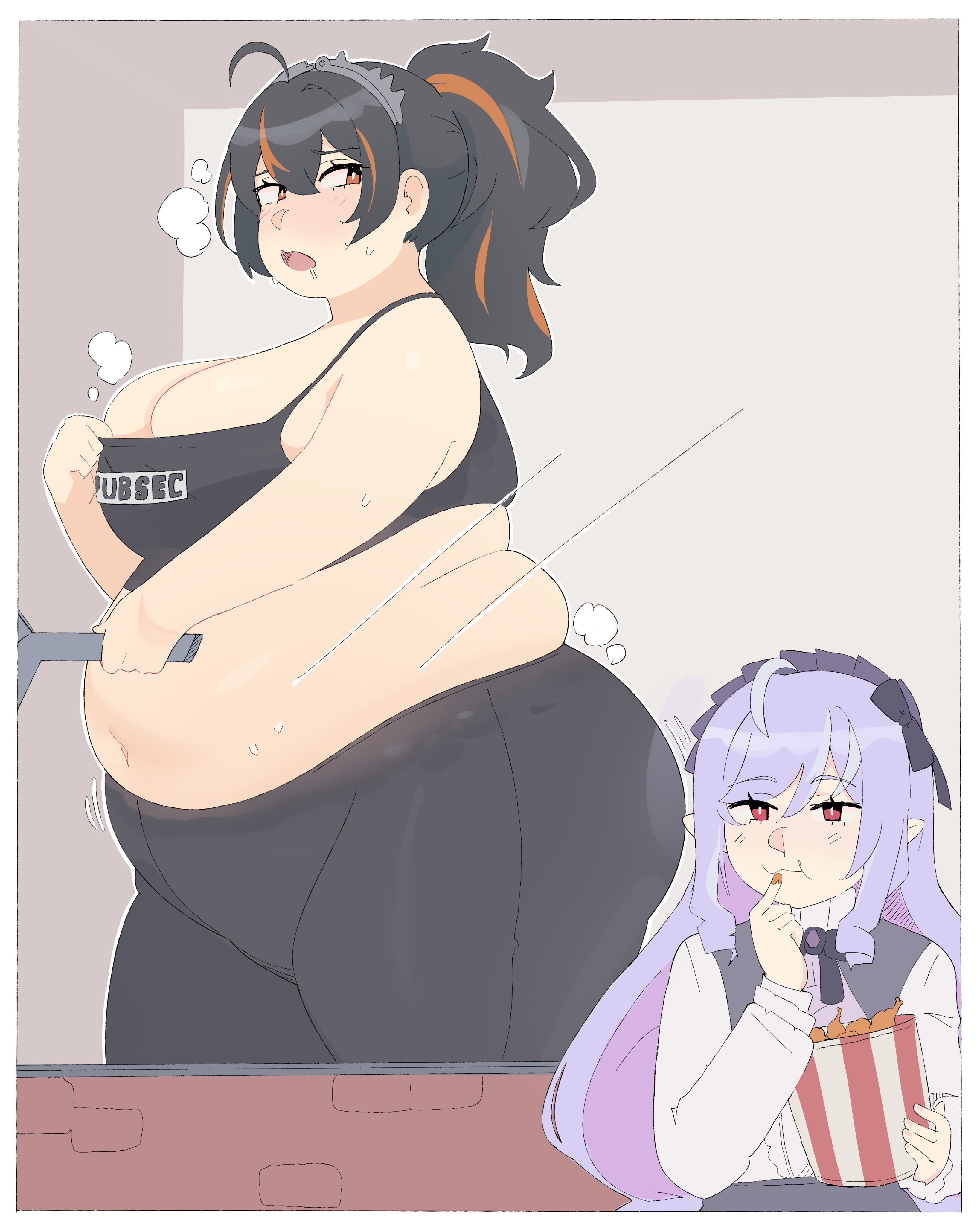 2girls, bbw, breasts, chubby, chubby female, cleavage, fat, female, female only, human, large breasts, napolitane, new eridu public security, revealing clothes, standing, vivian banshee, weight gain, weight gain female, zenless zone zero, zhu yuan