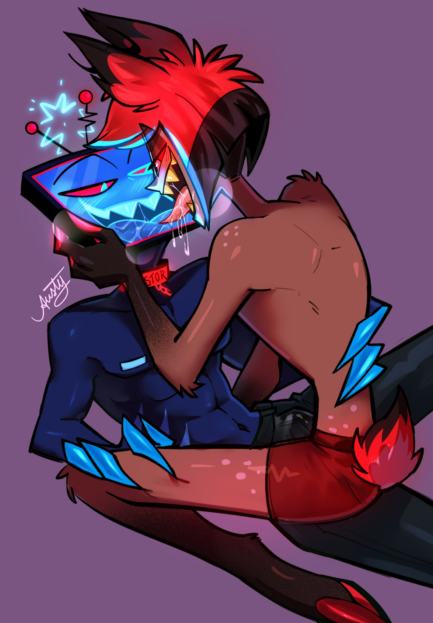 2boys, alastor (hazbin hotel), animal ears, animal tail, antennae (anatomy), austrinee, blue body, blue nipples, blue skin, blush, boner, claws, collar, dark skin, dark-skinned male, deer, erect penis, erection, erection under clothes, fluffy, gay, gills, grabbing, hazbin hotel, hooves, kissing, long tongue, looking at another, looking at partner, male, muscular, muscular male, nipples, red eyes, red hair, saliva, saliva string, saliva trail, sharp claws, sharp teeth, short hair, simple background, square nipples, tail, tongue, tongue out, topless, tv head, vox (hazbin hotel), yaoi