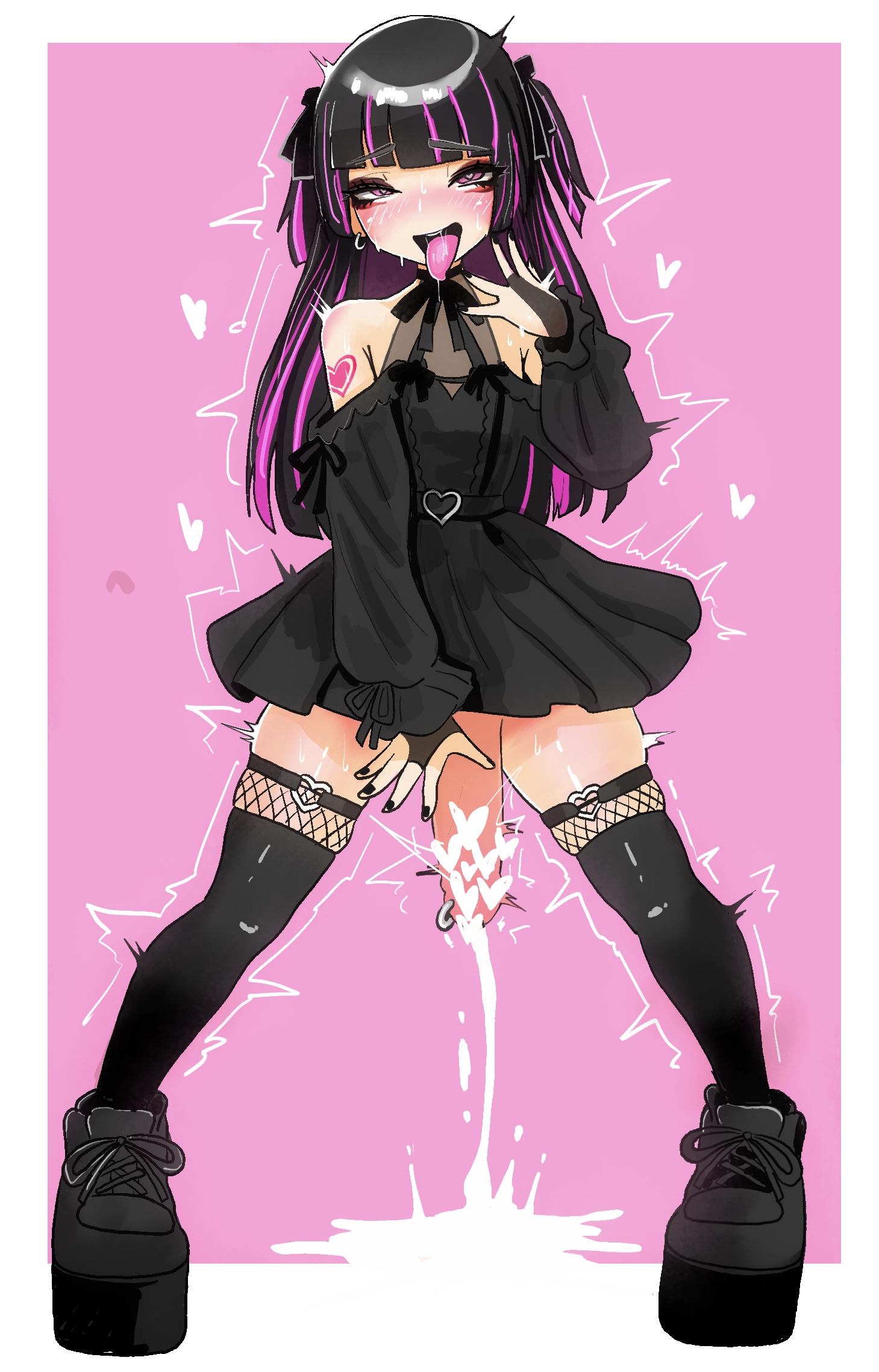 1boy, bare shoulders, bedroom eyes, big penis, black dress, black hair, black thighhighs, crossdressing, cumming, cumming on floor, erection, eyeshadow, f0g (rmuh7534), femboy, frilled dress, goth boots, heart tattoo, heart-shaped pupils, hung trap, jirai kei, male, orgasm face, original character, otoko no ko, penis, pierced genitals, pierced penis, platform boots, purple streak, saliva string, solo, sweat, thigh strap, tongue out, trap