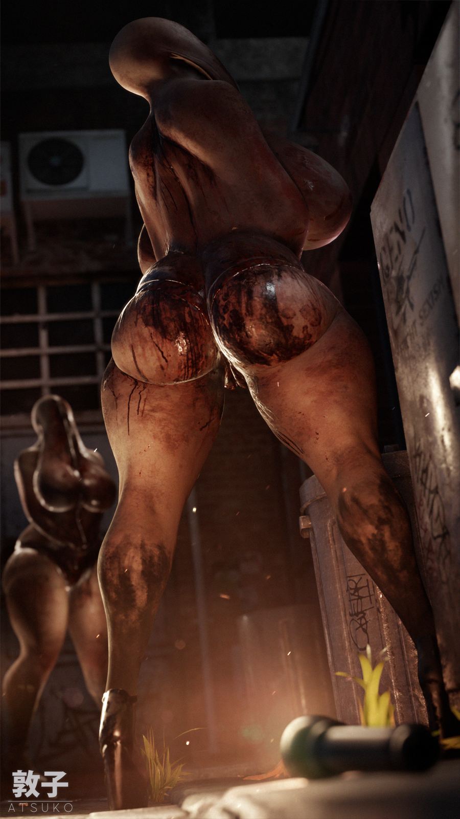 1girls, 3d, 3d (artwork), ass, ass bigger than head, ass focus, back, back view, blood stain, breasts, breasts bigger than head, female, female focus, female only, horror, horror (theme), horror game, looking back, looking down, lying figure, monster, monster girl, nice ass, silent hill, thick thighs, thighs