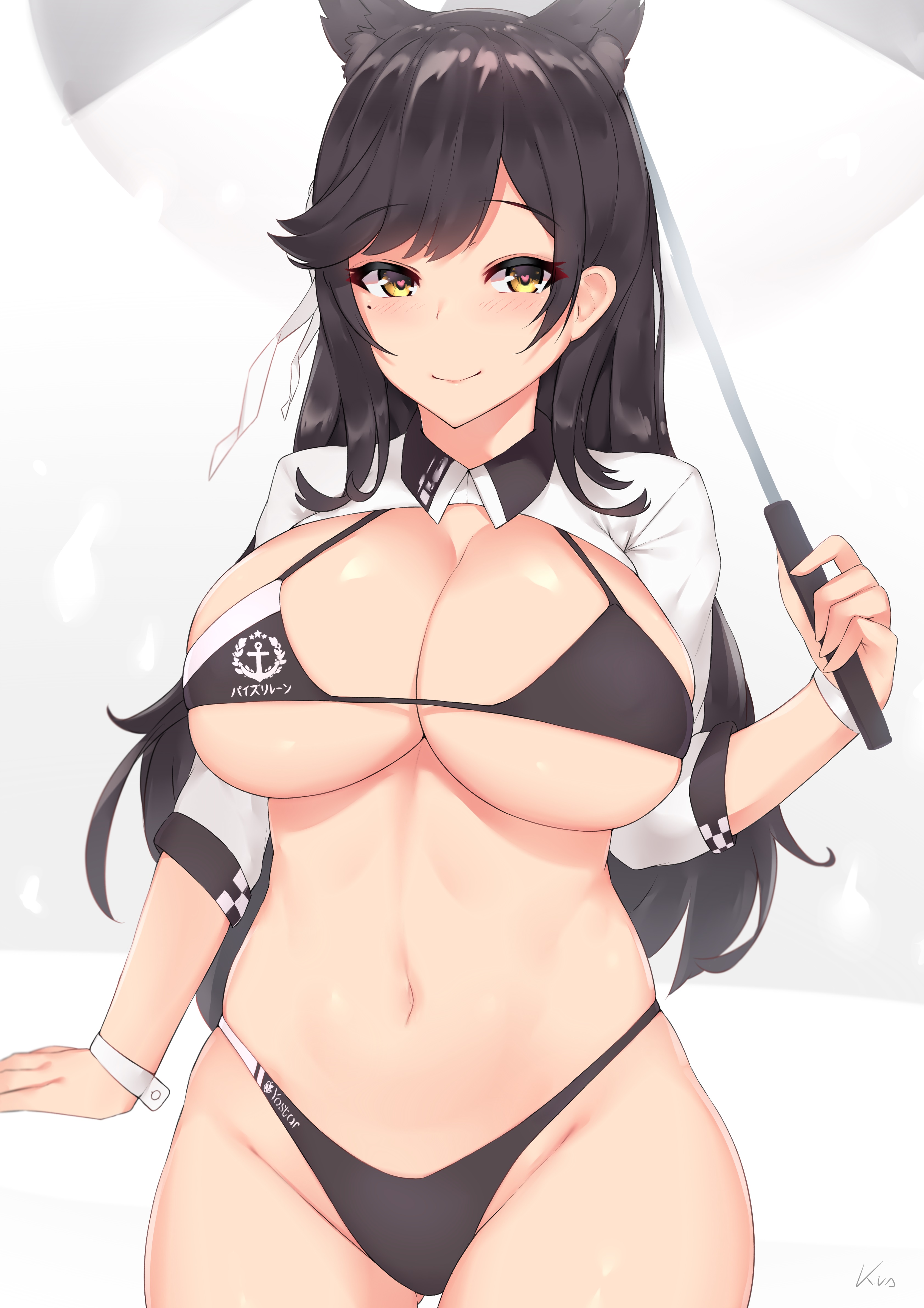 1girls, animal ears, ass visible through thighs, atago (azur lane), azur lane, bangs, bikini, black bikini, black hair, blush, breasts, brown eyes, dog ears, female, groin, heart-shaped pupils, highleg, highleg swimsuit, huge breasts, kuavera, long hair, long sleeves, looking at viewer, midriff, mole, mole under eye, navel, race queen, ribbon, shrug (clothing), simple background, skindentation, smile, swept bangs, swimsuit, symbol-shaped pupils, thigh gap, thighs, umbrella, white background, white ribbon, wide hips, wrist cuffs
