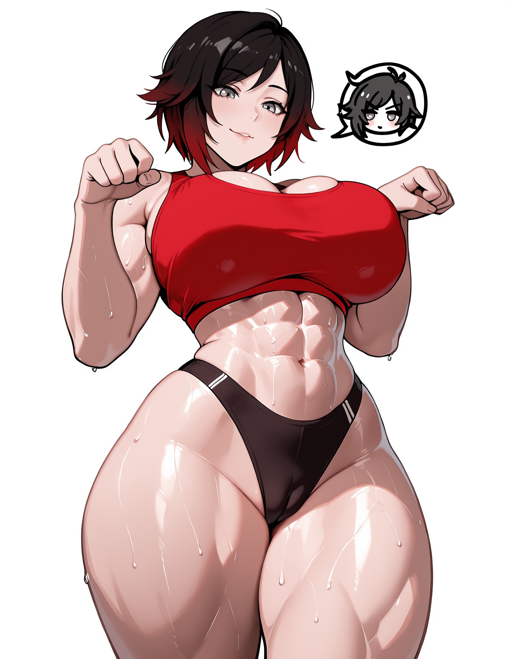 1girls, abs, ai generated, alternate breast size, black hair, breasts, female, female only, huge breasts, large ass, light-skinned female, multicolored hair, muscular female, muscular legs, procyon ai, red hair, ruby rose, rwby, silver eyes, solo, solo female, sports bra, sweat, sweaty, sweaty body, thick thighs, thong, wide hips