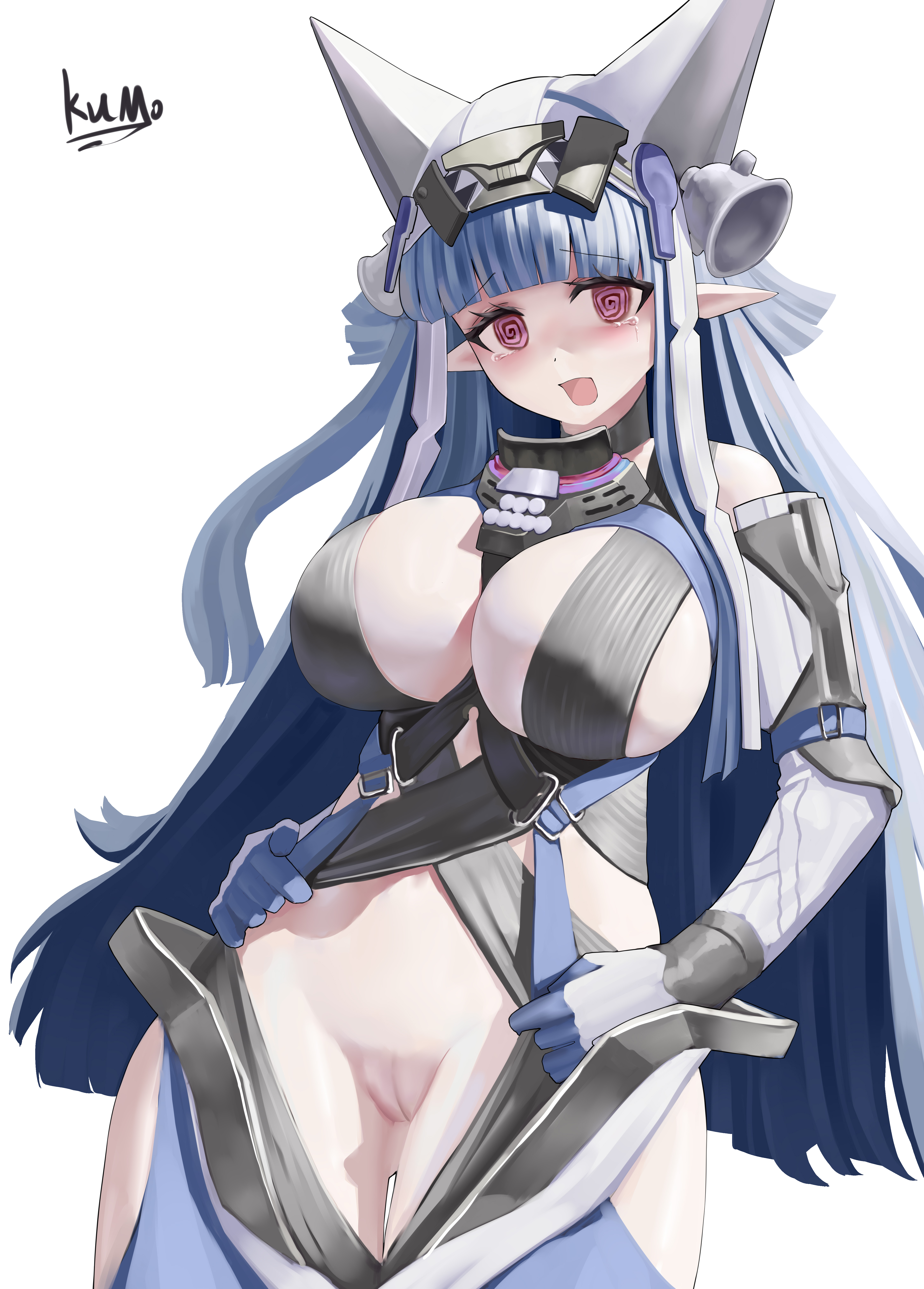 arknights, arknights: endfield, artist request, censored, female, last rite (arknights: endfield), no panties, pussy, showing pussy, spiral eyes