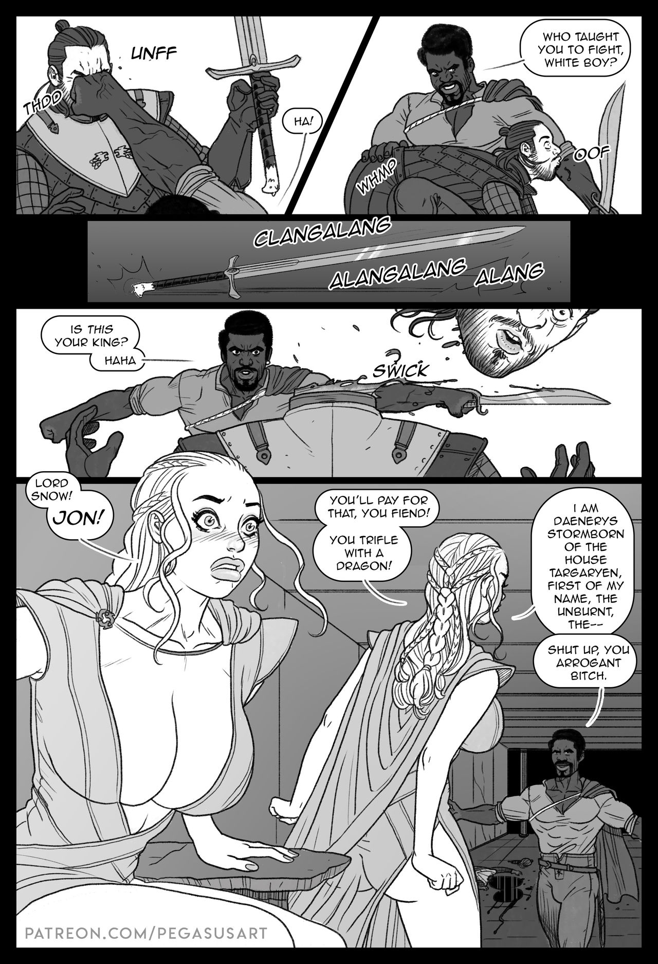1girls, a song of ice and fire, breasts, daenerys targaryen, dark skin, dark-skinned male, decapitation, english text, female, game of thrones, jon snow, large breasts, male, pegasus (artist), text