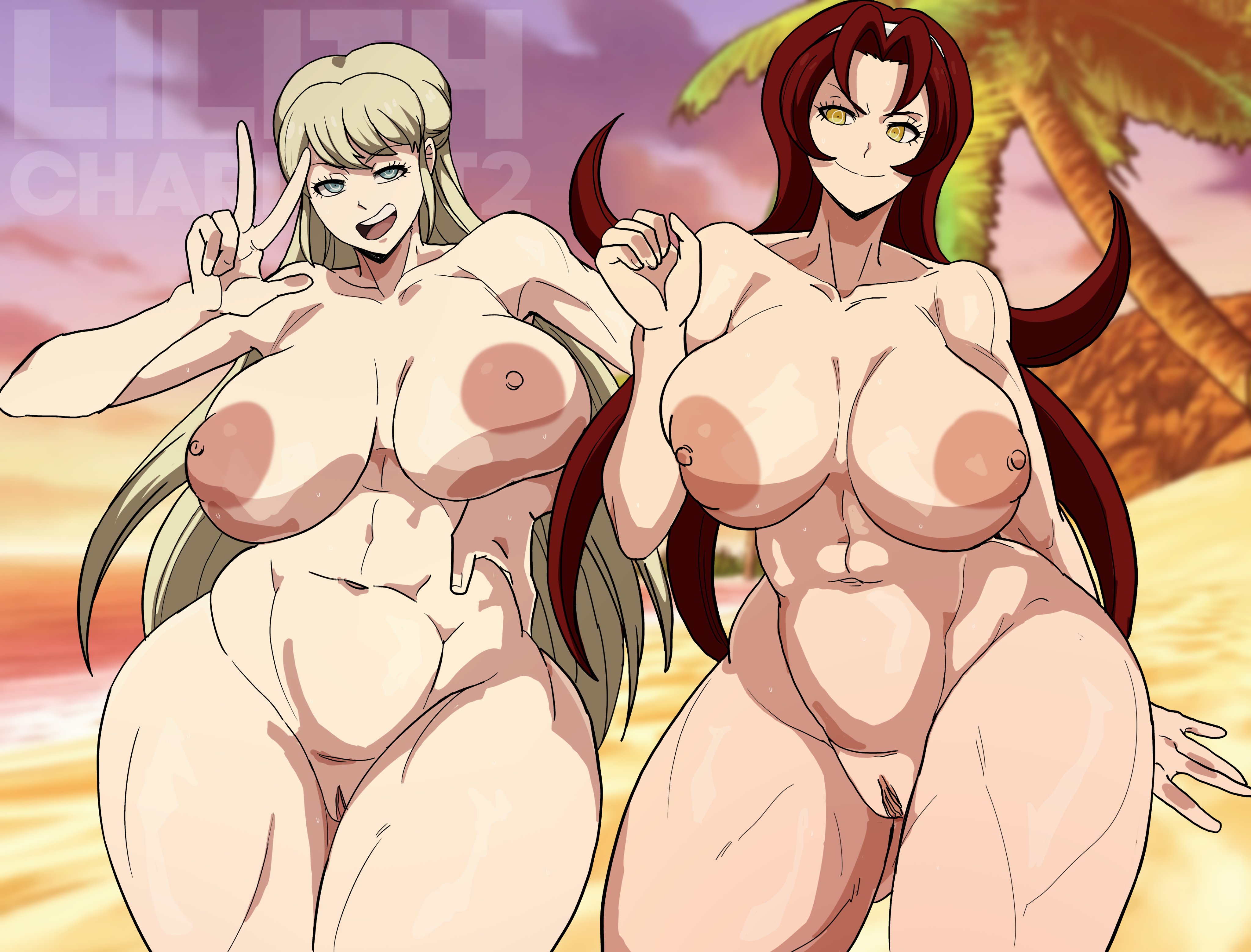2girls, arm up, beach, blonde hair, blue eyes, danganronpa, danganronpa 3, female, female only, hairband, hand on hip, hand up, ikuta kotomi, kamii tsubasa, lilithcharlott2, long hair, nude, nude female, peace sign, red hair, seaside, shaved pussy, sweat, yellow eyes