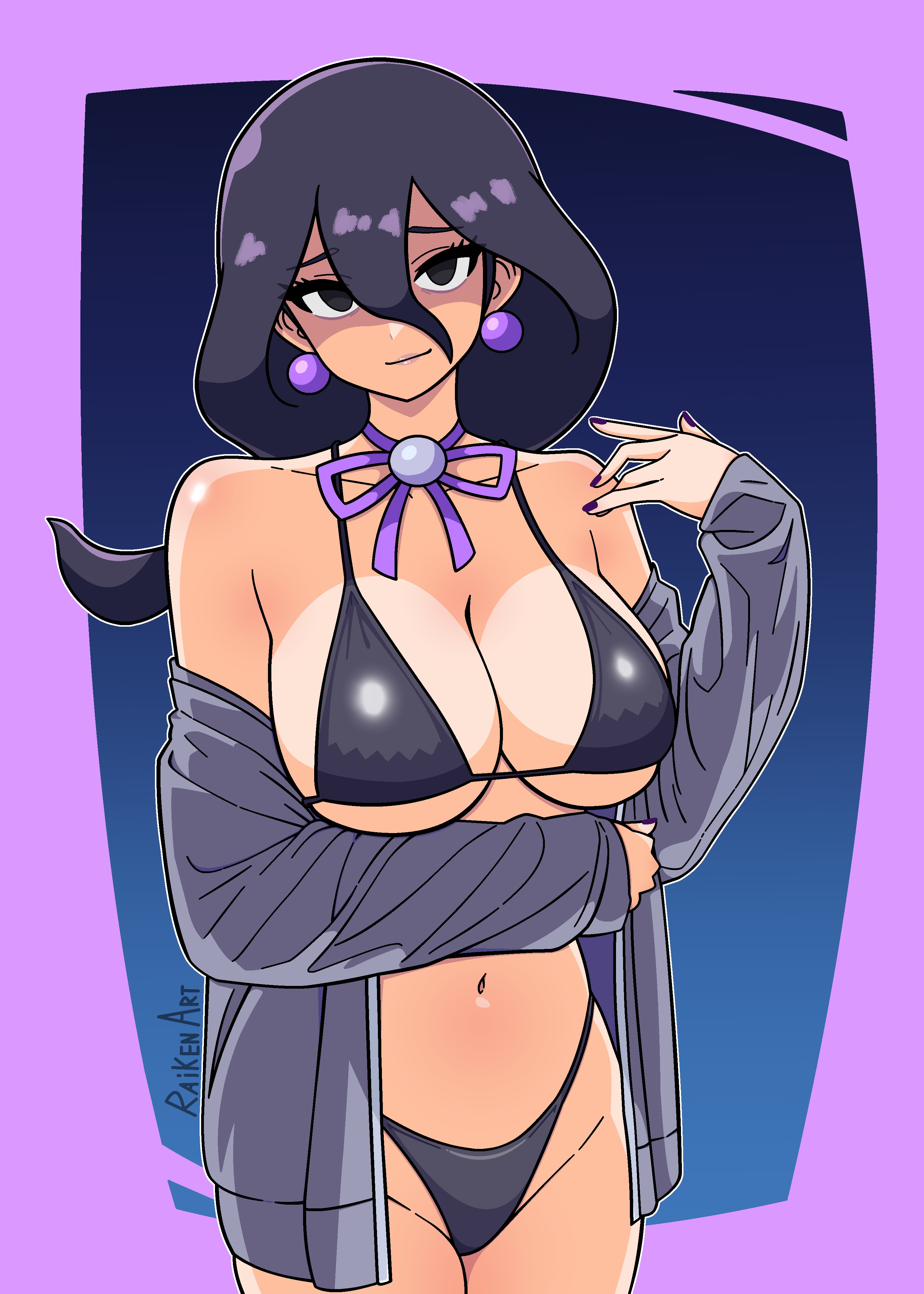 1girls, belly button, black eyes, black hair, earrings, hex maniac, hex maniac (pokemon legends: z-a), looking at viewer, nail polish, occult maniac, occult maniac (pokemon legends: z-a), occult maniac (pokemon), occult maniac (z-a), pokemon, pokemon za, raiken-art, swimsuit