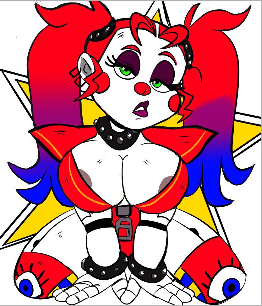 animatronic, barely visible nipples, breasts, circus baby (fnaf), five nights at freddy's, glamrock baby, green eyes, instantnudeles, looking at viewer, punk girl, solo