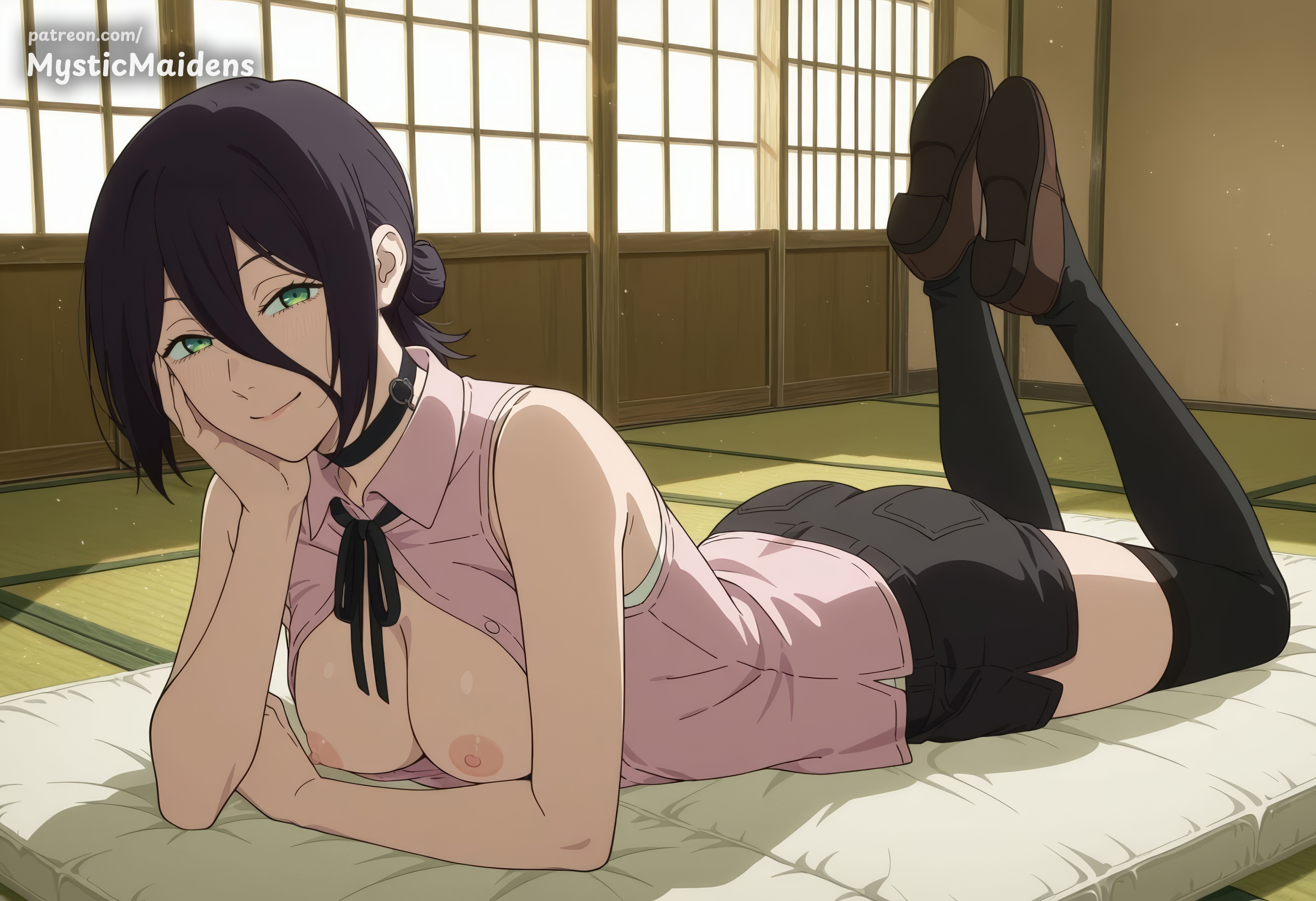 ai generated, anime, anime style, artist name, bare shoulders, black choker, black hair, black ribbon, black shorts, black thighhighs, bra, breasts, breasts out, brown footwear, chainsaw man, choker, closed mouth, collared shirt, female, full body, futon, green eyes, hair between eyes, hair bun, hand on own cheek, hand on own face, head rest, hentai, hi res, indoors, looking at viewer, lying, medium breasts, mystic maidens, neck ribbon, nipples, on stomach, open clothes, open shirt, patreon, patreon username, pink shirt, reze (chainsaw man), ribbon, shirt, shoes, short hair, short shorts, shorts, single hair bun, sleeveless, sleeveless shirt, sliding doors, smile, solo, the pose, thighhighs, underwear
