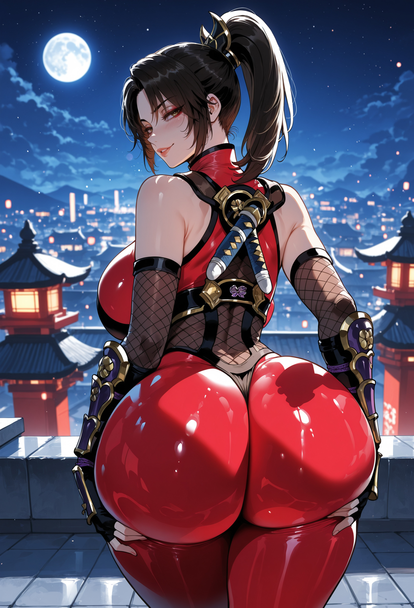 1girls, ai generated, armor, ass, ass focus, ass grab, big ass, big breasts, big butt, big thighs, blade, brown eyes, brown hair, female, female only, huge ass, huge breasts, huge butt, huge thighs, miyuai, ninja gaiden, ninja girl, red clothing, solo, soul calibur, taki (soulcalibur), thick, thick ass, thick butt, thick legs, thick thighs