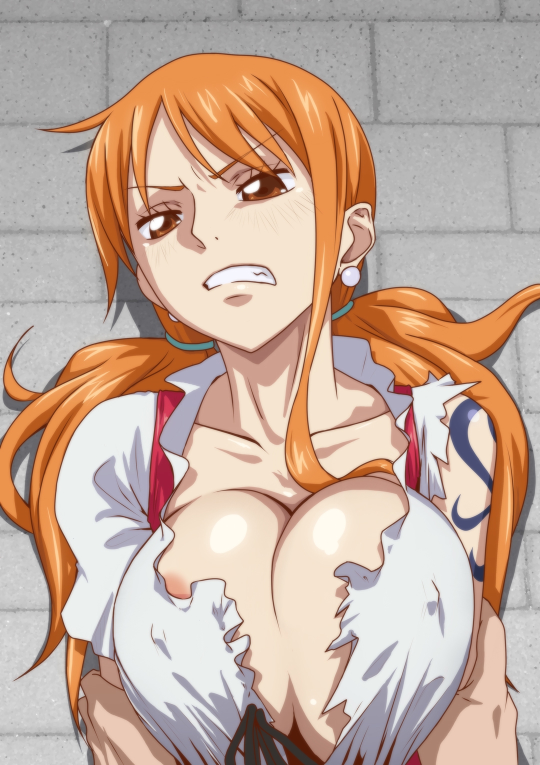 1boy, 1girls, angry, anna miller, arm tattoo, big breasts, blue tattoo, breasts, busty, clothing, female, female focus, kyabakurabakufu, large breasts, long hair, looking at viewer, male, nami (one piece), one piece, orange hair, orange-haired female, red hair, solo, tagme, tattoo, whole cake island