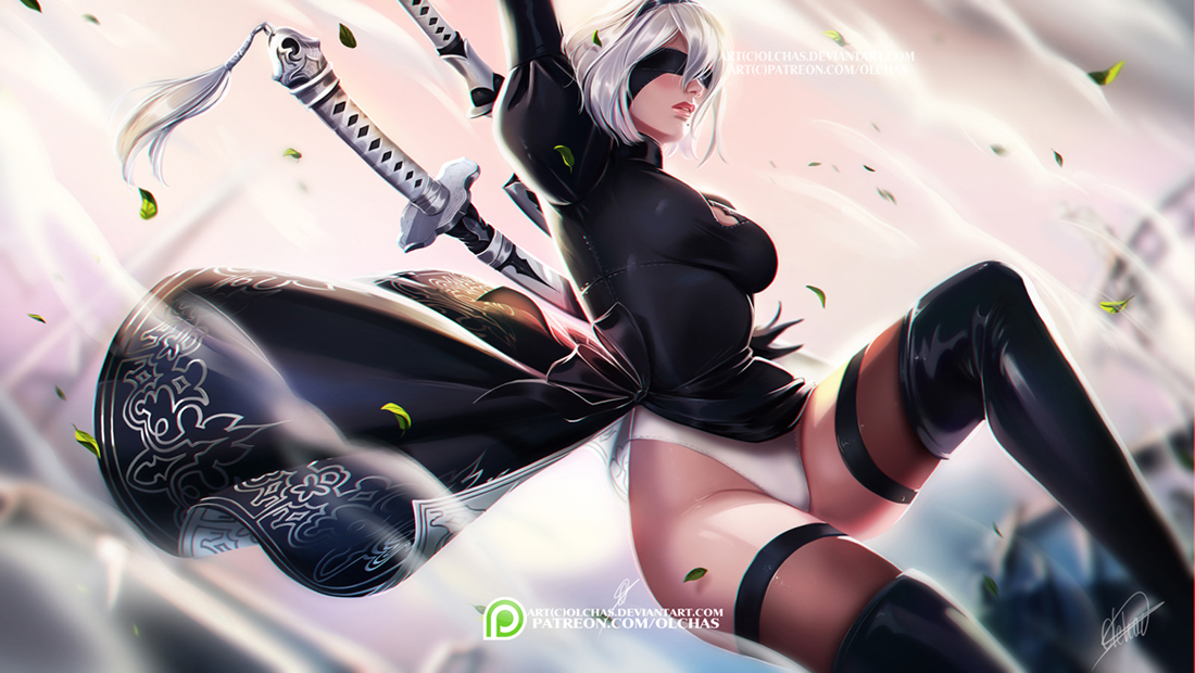 big breasts, blindfold, bob cut, breasts, dress, dress lift, female, headband, high heels, mole, nier, nier: automata, olchas, sword, thick thighs, thigh boots, white hair, yorha 2b