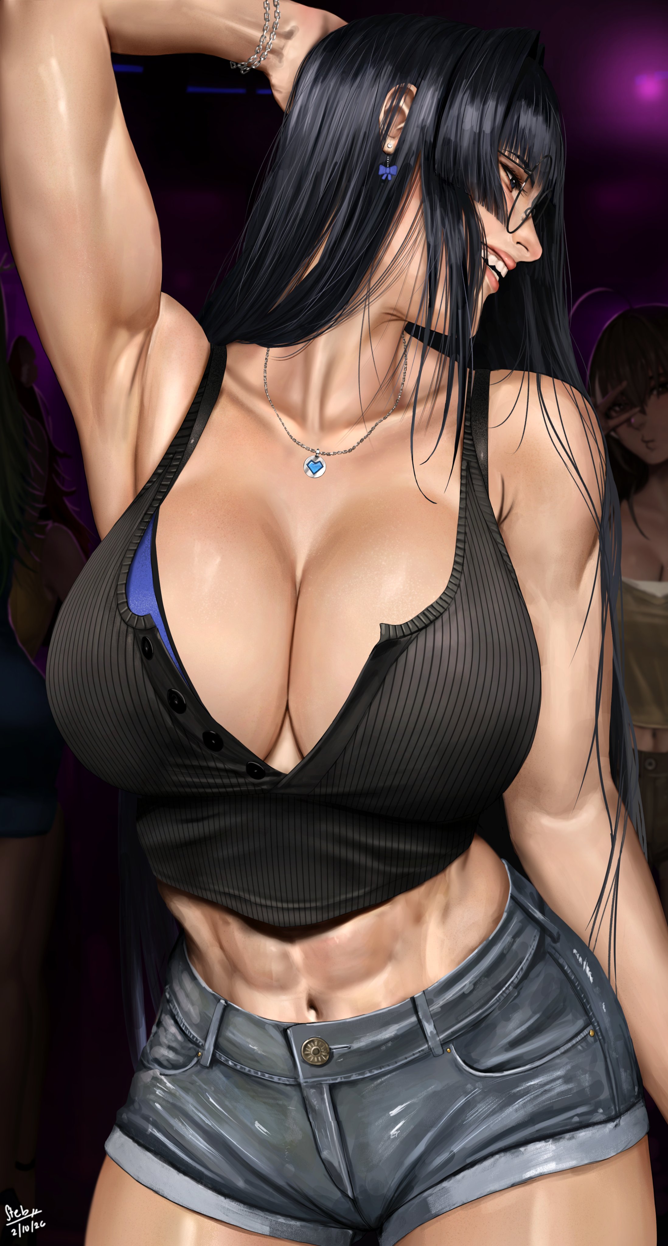 2026, 2d, 2d (artwork), abs, ahoge, armpits, artist signature, bangs, big breasts, black hair, black topwear, blue bra, bra, bra peek, bracelet, buttons, chain bracelet, cleavage, clothed, clothed female, collarbone, dark background, detailed, dim lighting, duckface, ear piercing, earrings, fangs, female, female focus, female only, freckles, glasses, heart necklace, hi res, hot pants, light, light-skinned female, long hair, looking at viewer, looking away, martina vismara, midriff, navel, necklace, one arm up, peace sign, short jeans, shoulders, side profile, slim waist, smiling, stebynno, teeth, toned arms, toned body, toned female, watermark
