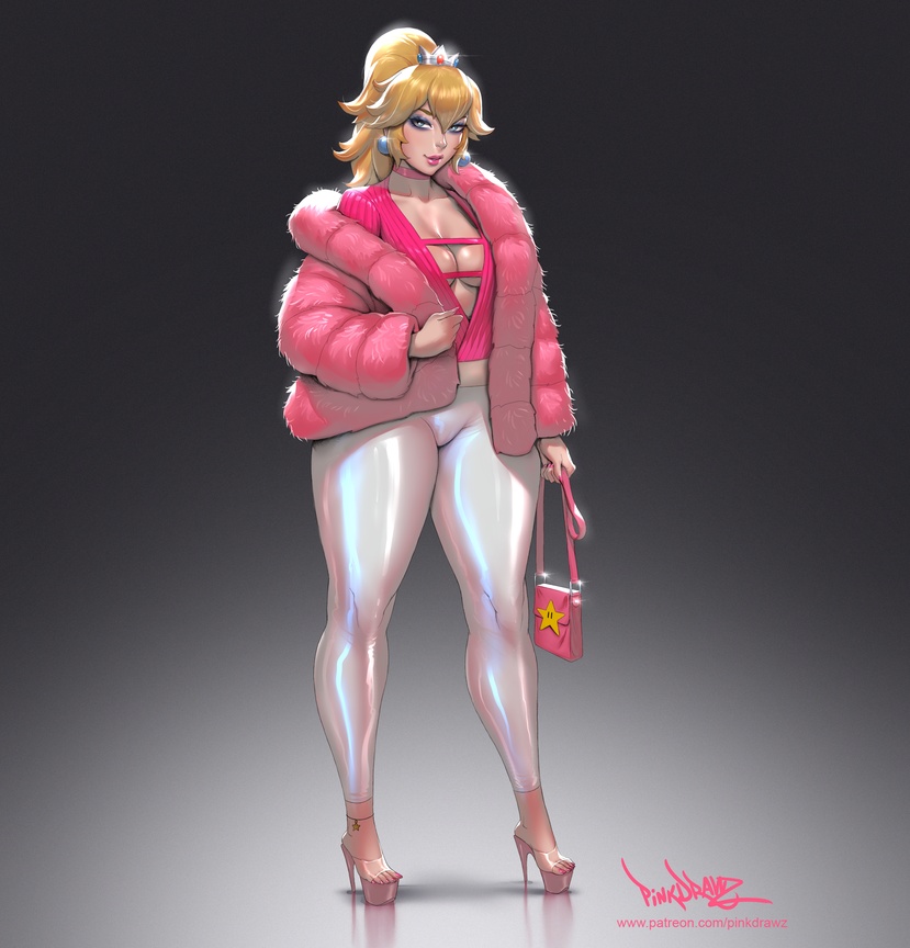 1girls, alternate costume, blonde hair, breasts, cleavage, clothed, clothing, crown, earrings, female, female only, full body, fully clothed, fur coat, grey background, high heels, looking at viewer, mario (series), nintendo, pinkdrawz, ponytail, princess peach, simple background, solo, standing, thick thighs, tied hair, tight clothing, wide hips