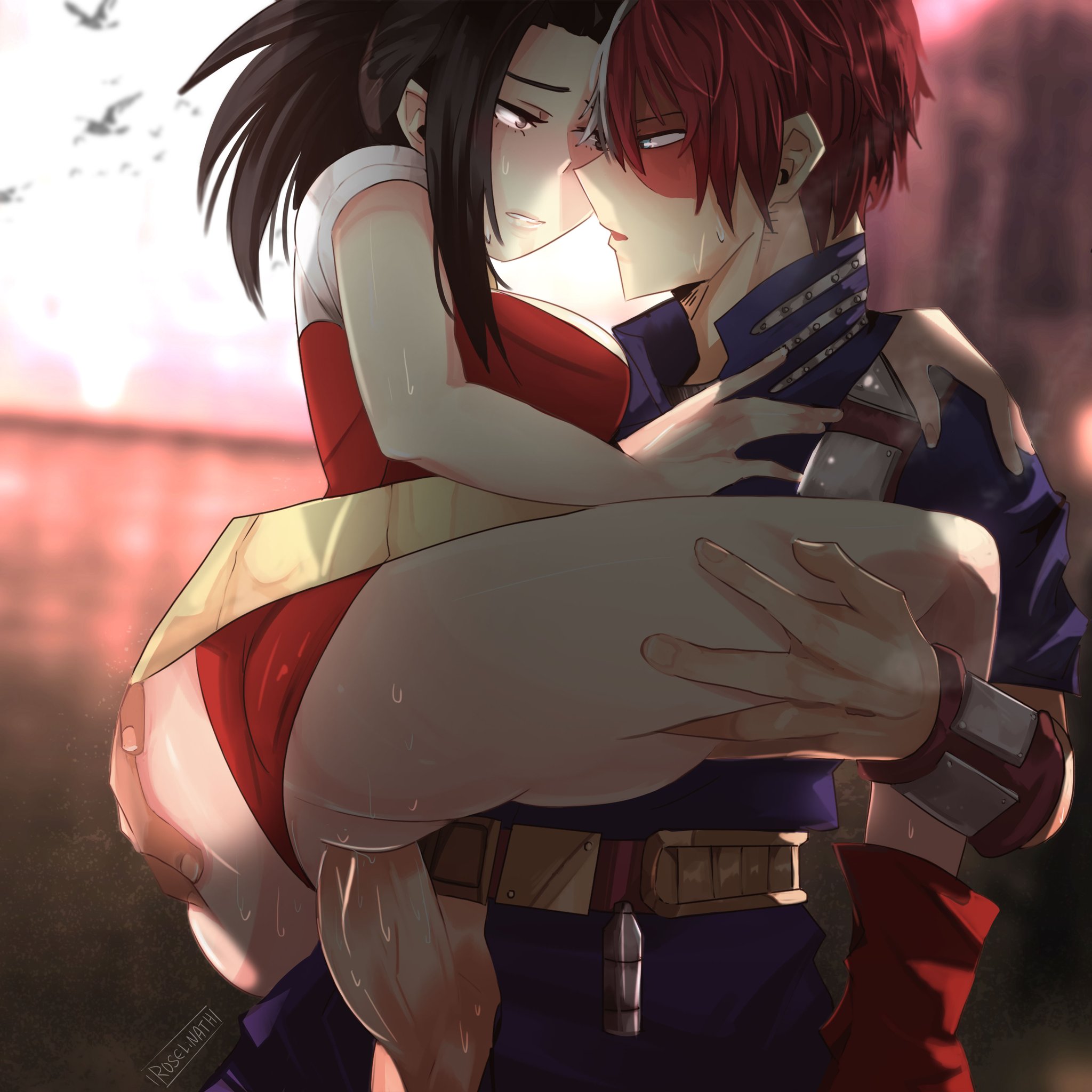 1boy, 1girls, artist request, bedroom eyes, belt, black hair, black-haired female, boots, burn scar, carrying, clothed sex, color, digital media (artwork), eye contact, fanon couple, female, half-closed eyes, hero outfit (mha), high heel boots, human, human female, leg grab, legs held open, leotard, lifted, light-skinned female, looking at each other, male, military uniform, momo yaoyorozu, momo yaoyorozu (hero outfit), my hero academia, penis, penis out, penis through fly, perkywings, pussy, red hair, red-haired male, scar, sex, shouto todoroki, source request, stand and carry position, straight, superheroine, sweat, two-tone hair, upright straddle, vaginal penetration, vambraces, vulva, white hair, white-haired male
