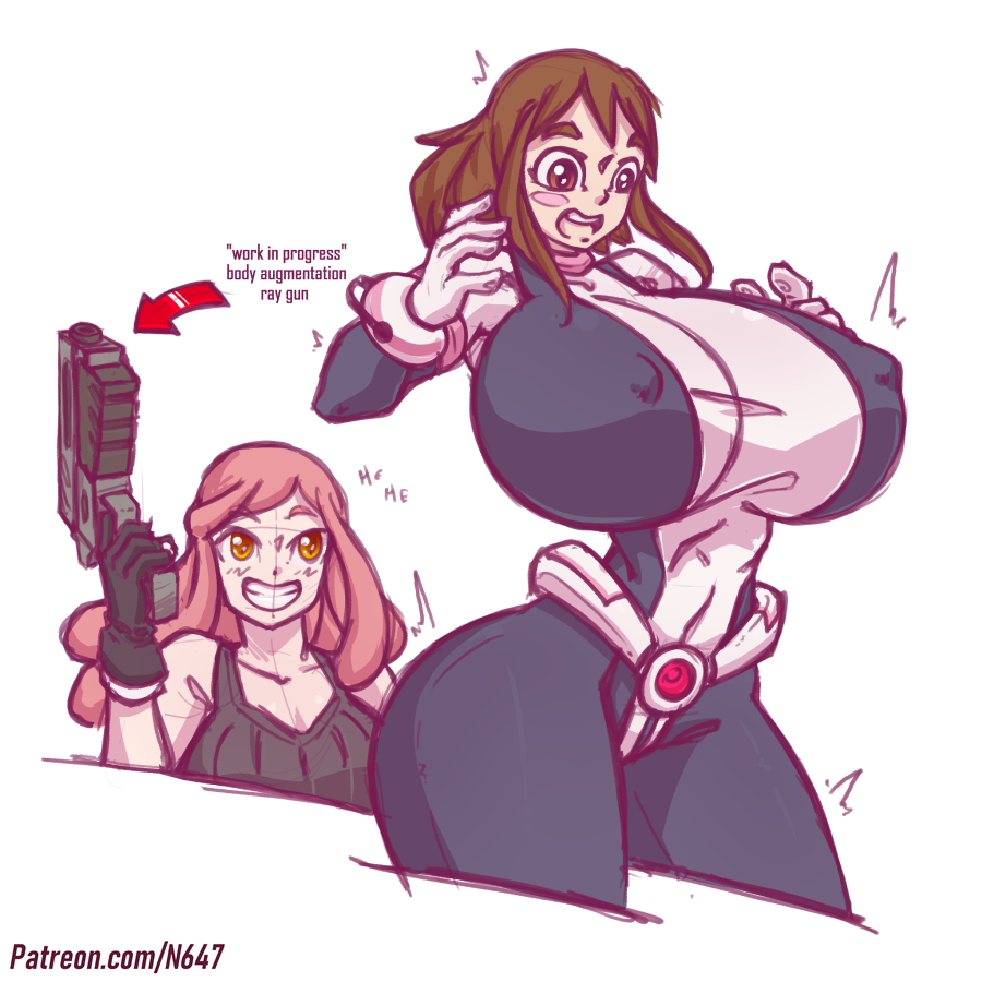2019, 2girls, amazon, big breasts, breast expansion, breast growth, breast growth (enlargement), breasts, brown eyes, color, female, female only, huge breasts, mei hatsume, multiple females, multiple girls, my hero academia, n647, nipple bulge, ochako uraraka, shounen jump, size difference, taller female, teenager, text, thick thighs, tight clothing, voluptuous, wide hips