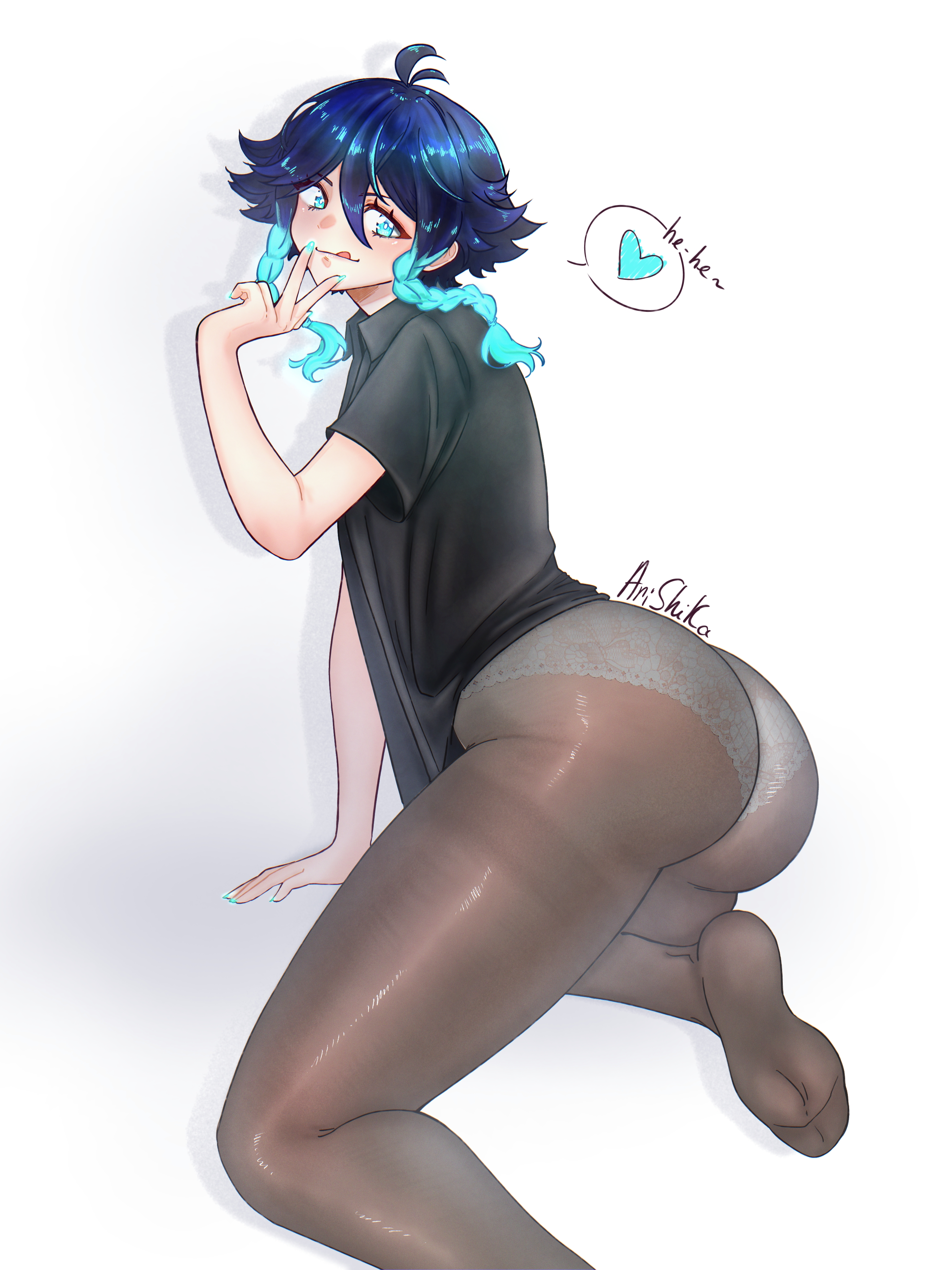 1boy, arishika, ass, ass focus, black shirt, blue eyes, blue hair, blue nails, booty, feet, femboy, genshin impact, light-skinned male, male, male only, pantyhose, solo, solo male, thick thighs, venti (genshin impact)