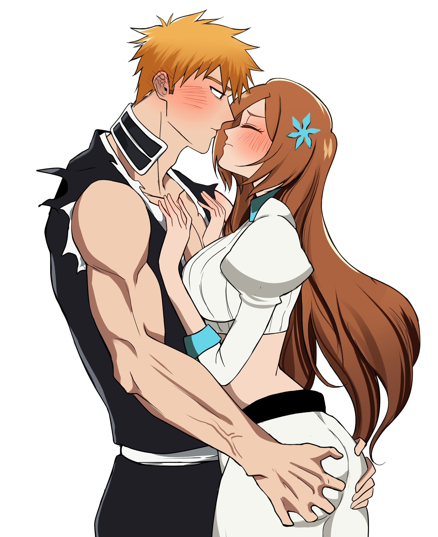 1boy, 1girls, ass, ass grab, big ass, bleach, bleach: the thousand-year blood war, blush, brown hair, canon couple, cinderserra, couple, curvy, curvy female, cute, embarrassed, female, flustered, hands on chest, holding ass, ichigo kurosaki, imminent kiss, inoue orihime, leaning forward, long hair, male, male and female focus, male/female, midriff, muscular, muscular male, orange hair, short hair, straight, wholesome