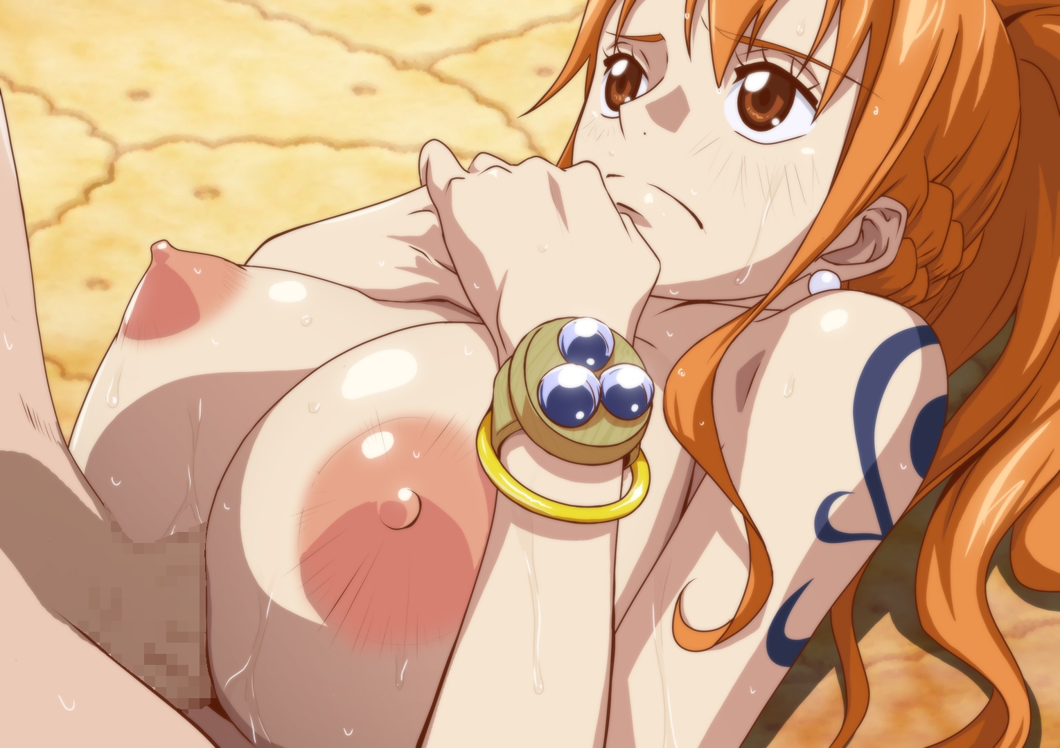 1boy, 1girls, 2019, arm tattoo, big breasts, blue tattoo, bracelet, breasts, busty, censored, female, female focus, kyabakurabakufu, long hair, male, nami (one piece), nude, one piece, orange hair, orange-haired female, paizuri, penis, sex, shounen jump, tattoo, titfuck, titjob, whole cake island