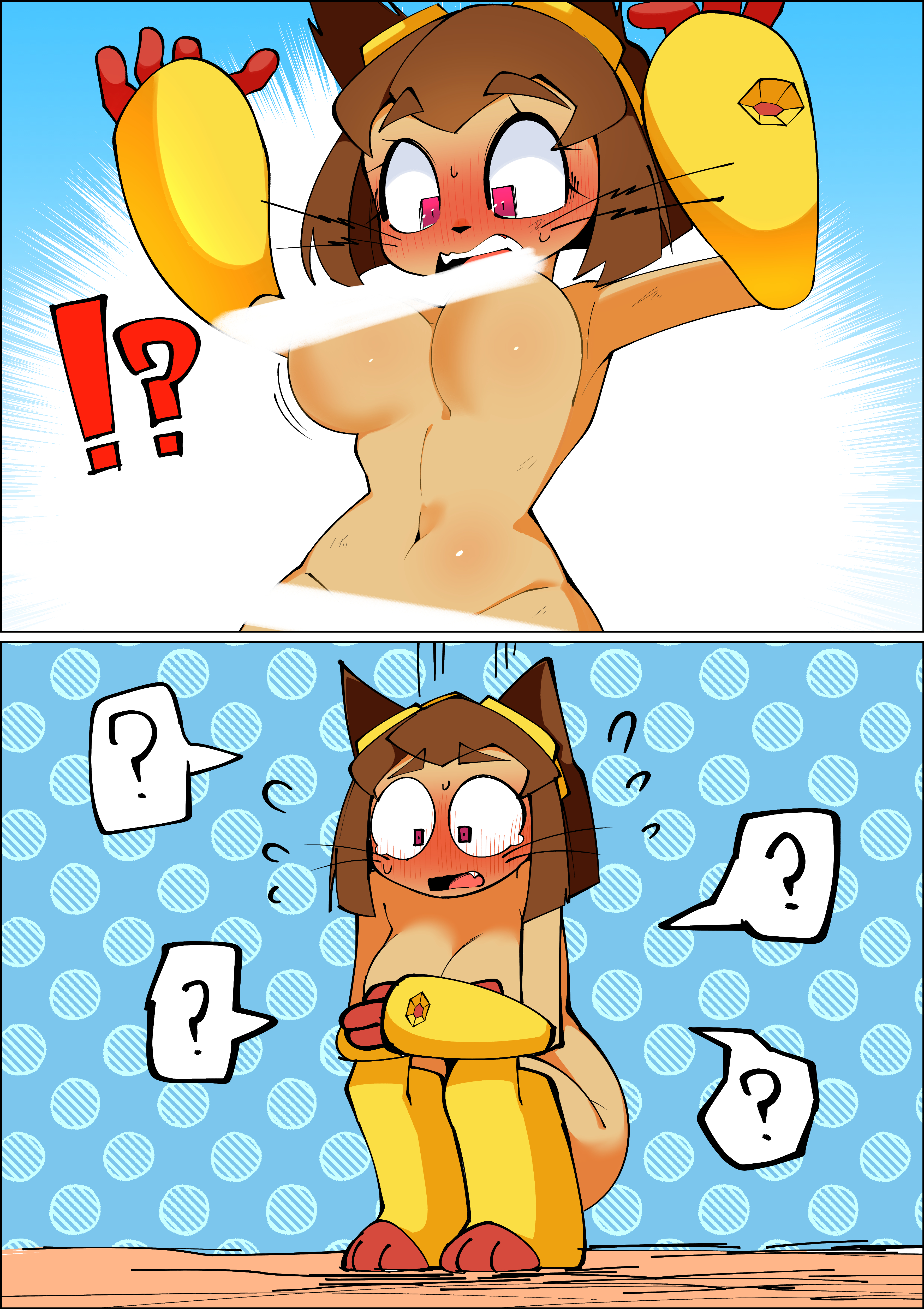 ?, 1girls, accidental exposure, anthro, breasts, censored, censored breasts, censored pussy, confused, covering, disappearing clothes, embarrassed, embarrassed nude female, enf, female, flarelion99, furry, gameoverse, kit (gameoverse), nude, solo, suddenly naked, tagme, tears
