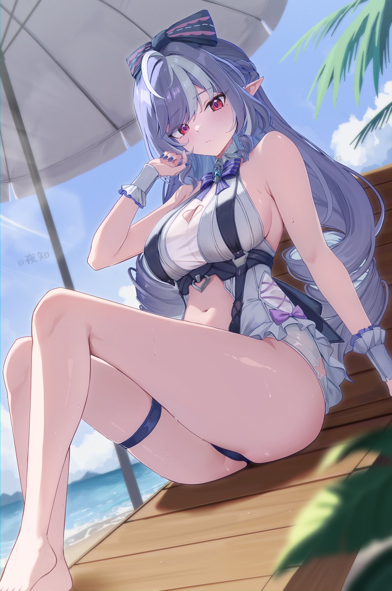 1girls, breasts, exposed breasts, female, hoyoverse, legs, long hair, mihoyo, night known, official alternate costume, purple hair, red eyes, swimsuit, vivian banshee, vivian banshee (iris of the shore), white swimsuit, zenless zone zero