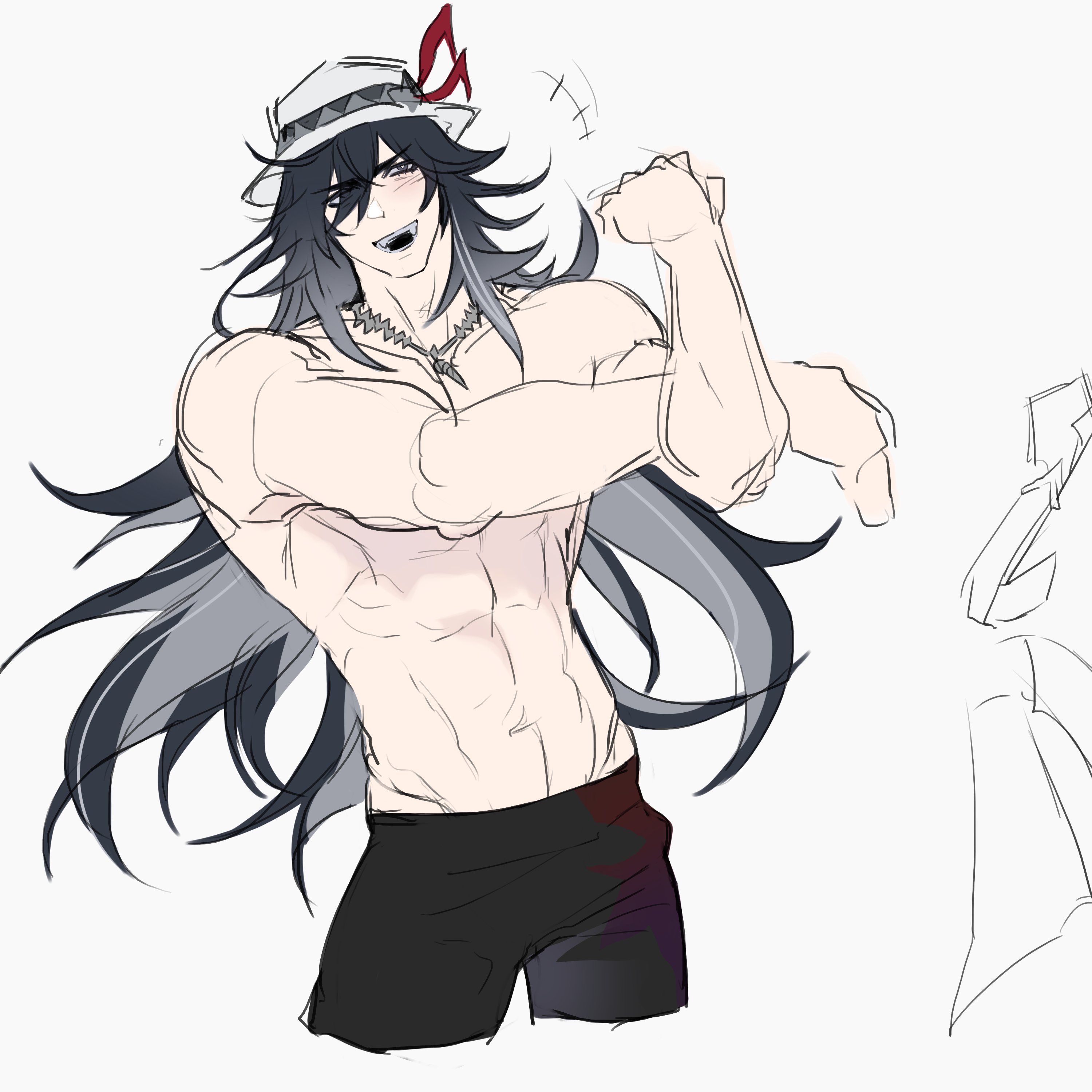 abs, ashveil (honkai: star rail), black hair, hat, honkai: star rail, male, male only, muscles, muscular male, necklace, solo, solo focus, solo male