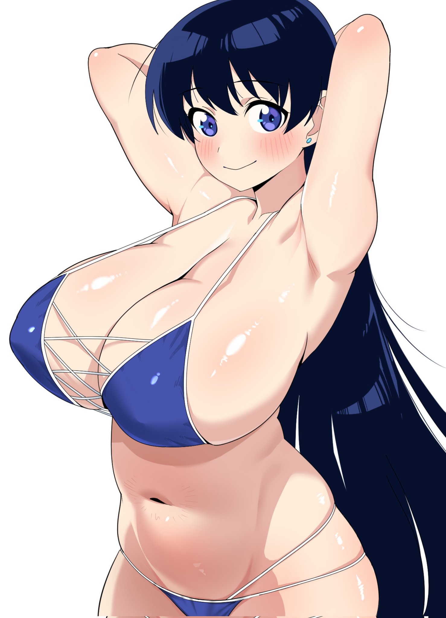 arato nagi, bikini, closed mouth, curvy, huge breasts, imiin, looking at viewer, plump, ruri no houseki, shiny skin, smile, swimsuit, thick thighs, wide hips