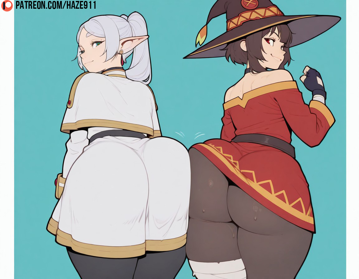 2girls, ai generated, ass, ass focus, ass-to-ass, bandaged leg, bandages, bare shoulders, black gloves, black pantyhose, brown hair, capelet, crossover, dress, earrings, elf, female, female only, frieren, frieren beyond journey's end, from behind, gloves, green eyes, hat, haze911, huge ass, jewelry, kono subarashii sekai ni shukufuku wo!, konosuba, long hair, looking at viewer, looking back, megumin, multiple girls, pantyhose, pointy ears, red eyes, short hair, smile, thick thighs, thighs, twintails, white capelet, white hair, witch hat