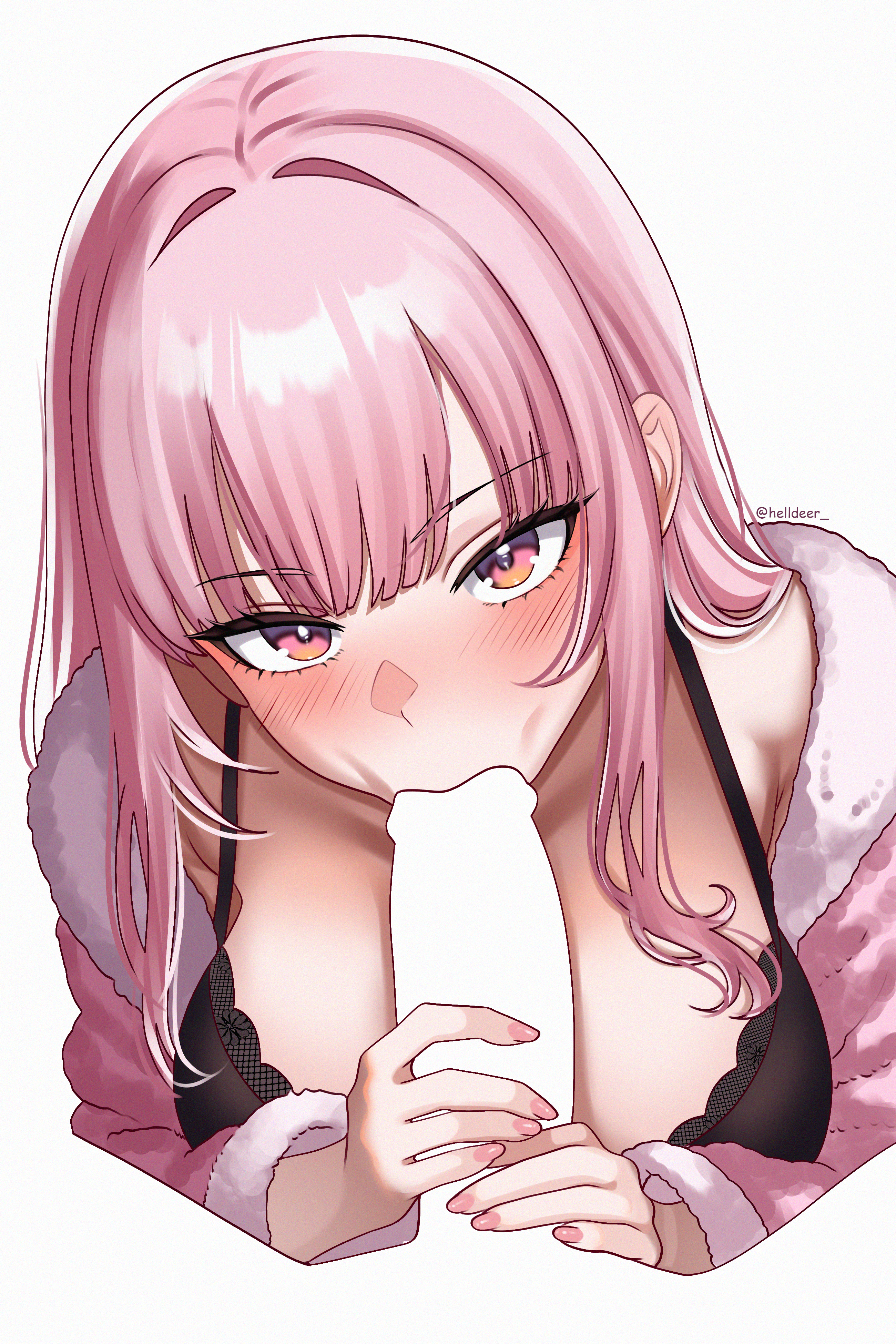 :>=, 1boy, absurdres, blank censor, blunt bangs, blush, breasts, censored, fellatio, female, fur trim, fur-trimmed jacket, glansjob, helldeer, highres, hololive, hololive english, jacket, large breasts, long hair, looking at viewer, mori calliope, oral, penis, penis grab, pink eyes, pink hair, pink jacket, sidelocks, simple background, solo focus, straight, upper body, virtual youtuber, white background