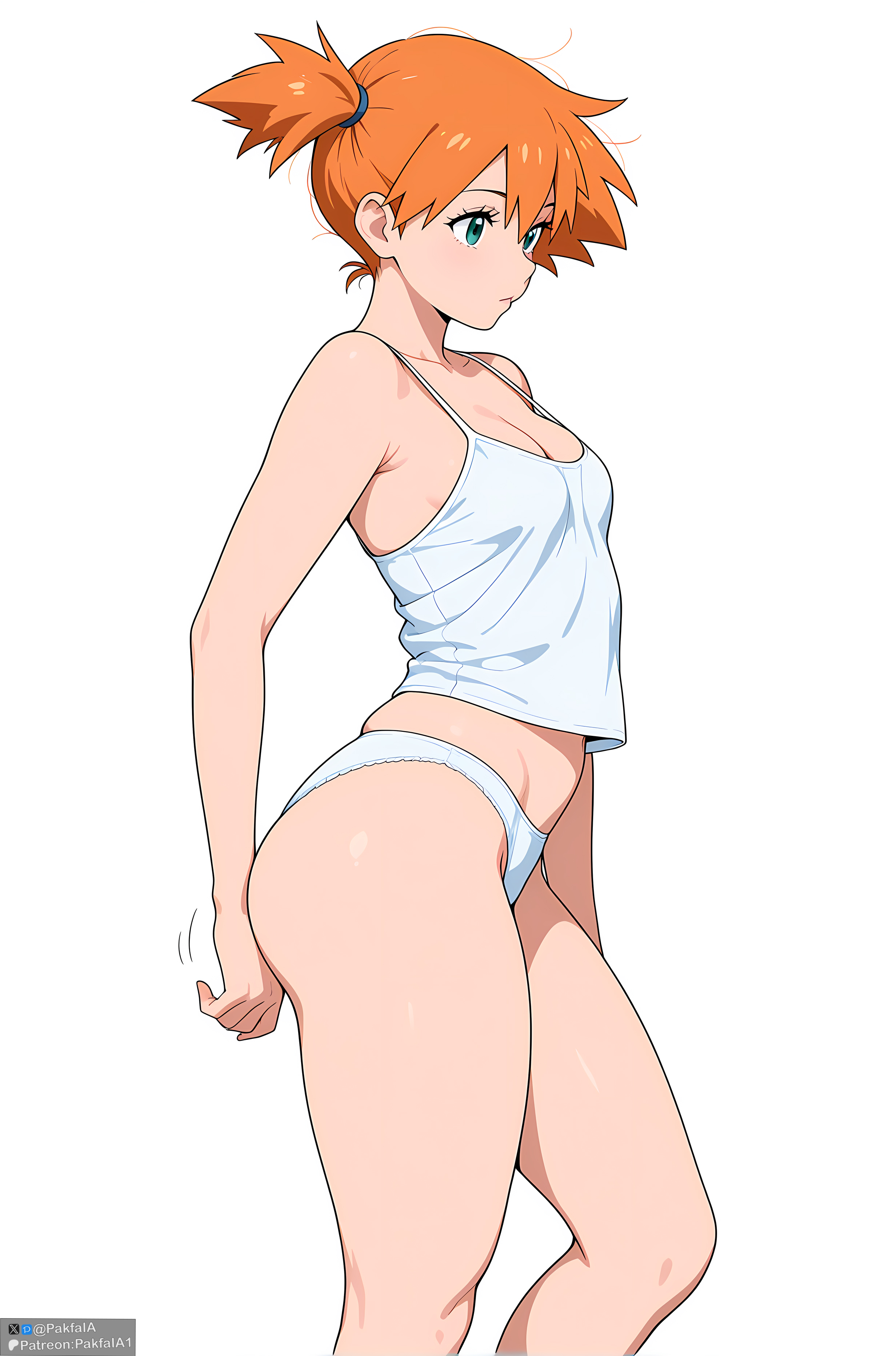 ai generated, aqua eyes, ass, bare arms, bare shoulders, breasts, camisole, cleavage, closed mouth, clothing, collarbone, fanbox username, female, from side, grabbing own ass, green eyes, hair tie, kasumi (pokemon), looking down, medium breasts, motion lines, navel, orange hair, pakfaia, panties, pantsu, patreon username, pokemon, pokemon (anime), pokemon (classic anime), pokemon rgby, ponytail, short hair, side ponytail, simple background, skindentation, small breasts, solo, standing, tank top, thighs, twitter username, underwear, web address, white background, white camisole, white panties
