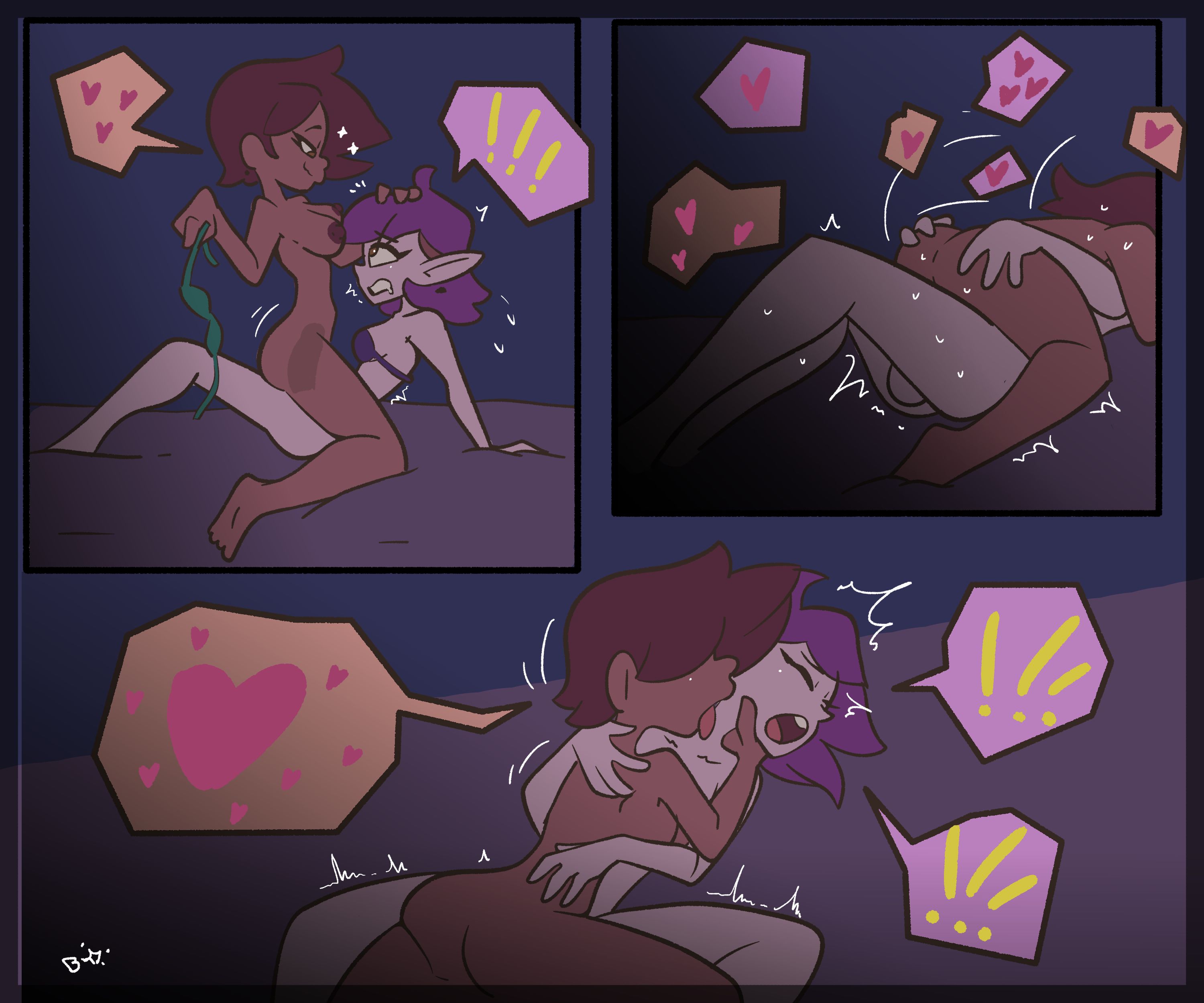 !!!, 1futa, 1girls, afrolatina, amity blight, arms around partner, blightstar, bra, bra removed, breasts, canon couple, comic, cowgirl position, female, female on top, futa on female, futanari, hand on head, heart, human, kissing neck, licking, licking neck, light skin, luz noceda, part of a set, penetration, penis, penis silhouette, spoken heart, tagme, tan body, the owl house, vaginal penetration, witch, yuri