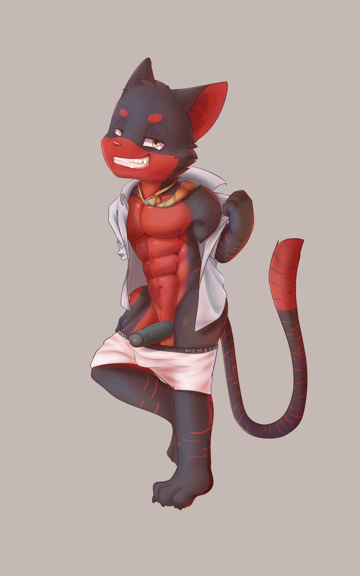 abs boxers_(clothing) clothed clothing domestic_cat felid feline felis hi_res male male_only mammal muscular muscular_male naughty_face necktie nomsi_(character) open_shirt pants_down partially_clothed pecs penis seductive sharparadise shirt solo topwear underwear undressing young