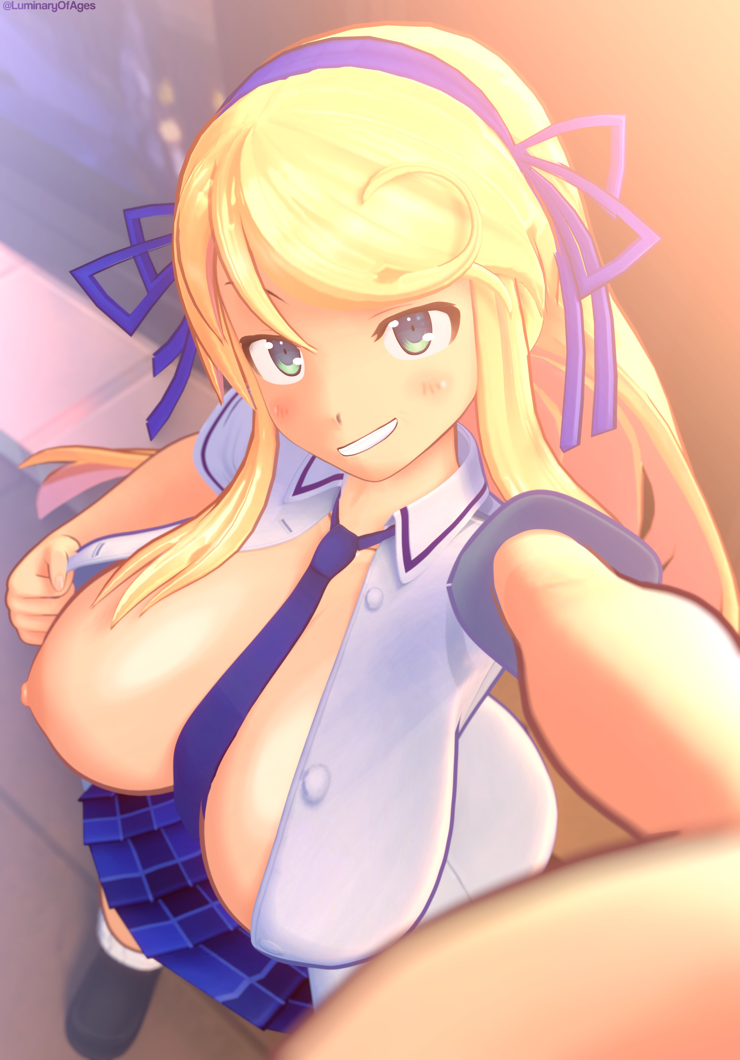 1girls, 3d, 3d (artwork), areolae, blonde hair, breasts, female, female only, katsuragi (senran kagura), large breasts, light skin, light-skinned female, long hair, luminaryofages, necktie, necktie between breasts, nipples, open clothes, senran kagura, senran kagura (series), skirt, solo