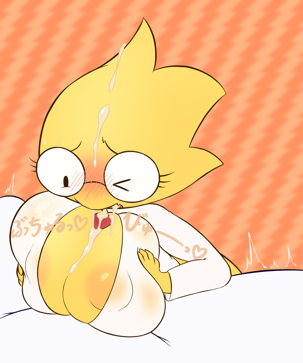 alphys big_breasts blush blushing breasts cum cum_in_breasts cum_in_mouth cum_on_breasts cum_on_face glasses huge_breasts k--10 paizuri penis shy text undertale yellow_skin