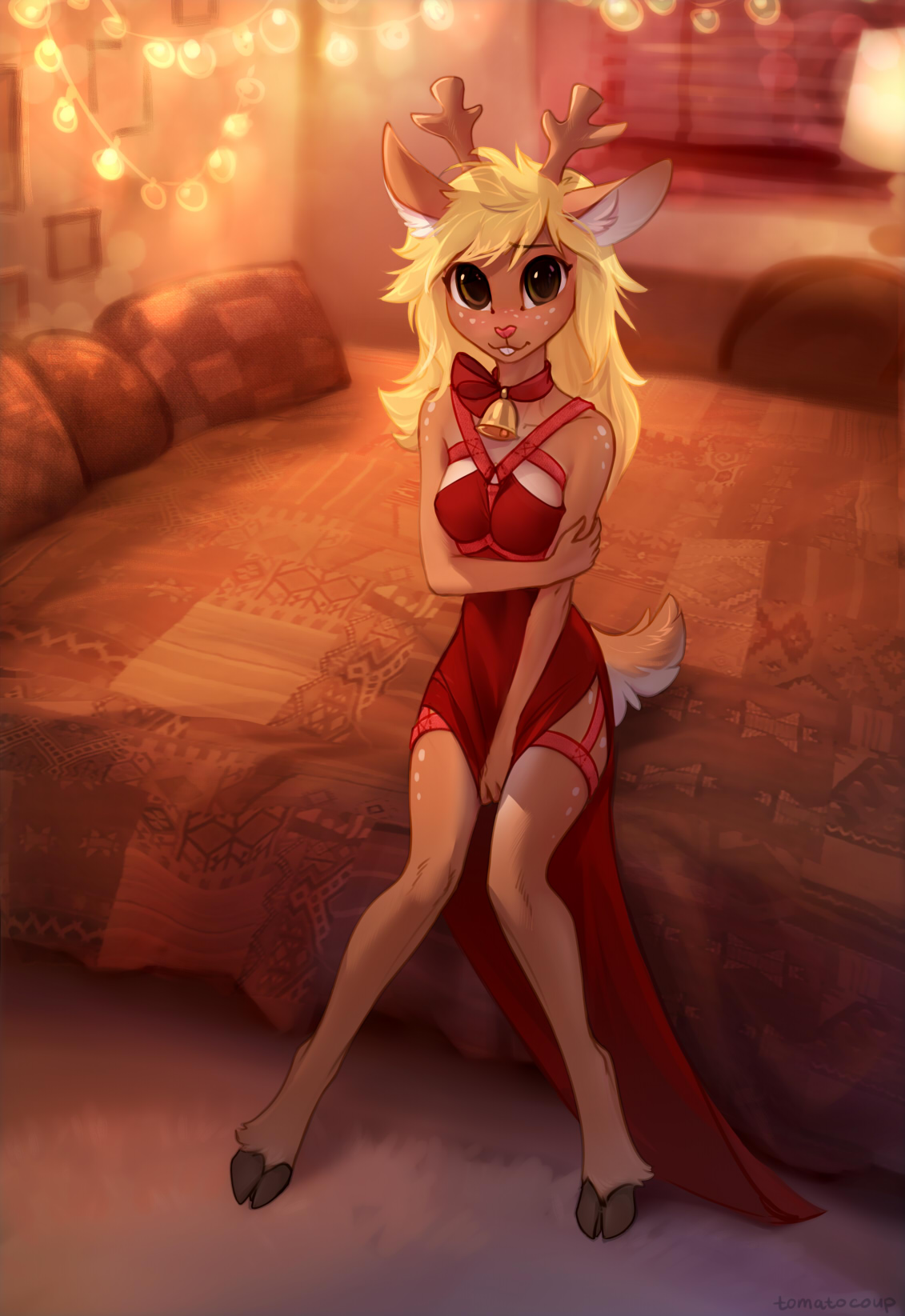 1girls, 2019, 2d, 5 fingers, anthro, anthro female, anthro only, antlers, bed, bell, biped, blonde hair, bow, breasts, brown body, brown fur, buckteeth, capreoline, cervid, christmas, covering, covering crotch, deer, deltarune, detailed background, female, female only, fingers, freckles, fur, furniture, furry, furry female, furry only, hair, harness, hi res, holidays, hooves, horn, inside, lamp, looking at viewer, mammal, noelle holiday, on bed, pillow, reindeer, sitting, smile, solo, spots, teeth, tomatocoup, undertale (series), video games, window