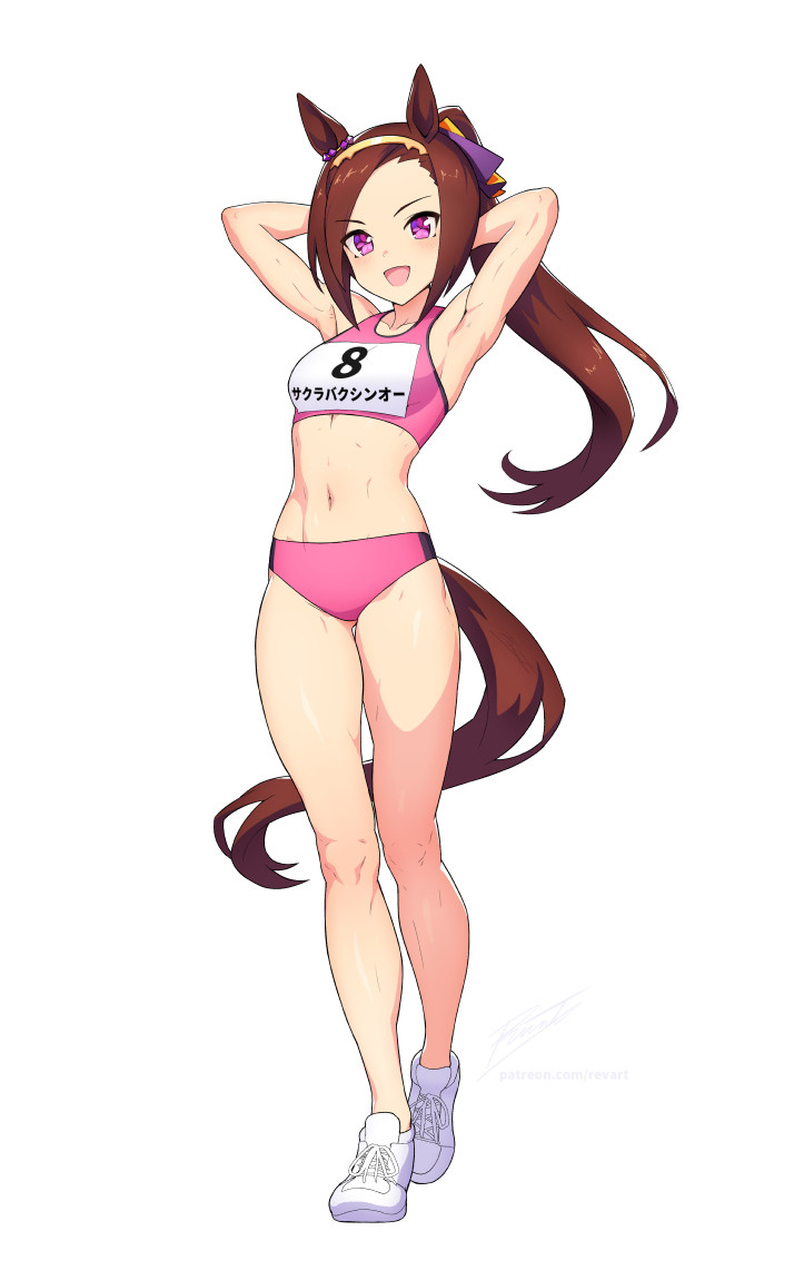 1girls, armpit, armpits, breasts, brown hair, female, horse ears, horse girl, horse tail, long hair, looking at viewer, ponytail, revenantart, sakura bakushin o (umamusume), small breasts, solo, sports bra, toned, track uniform, umamusume, umamusume pretty derby, white background