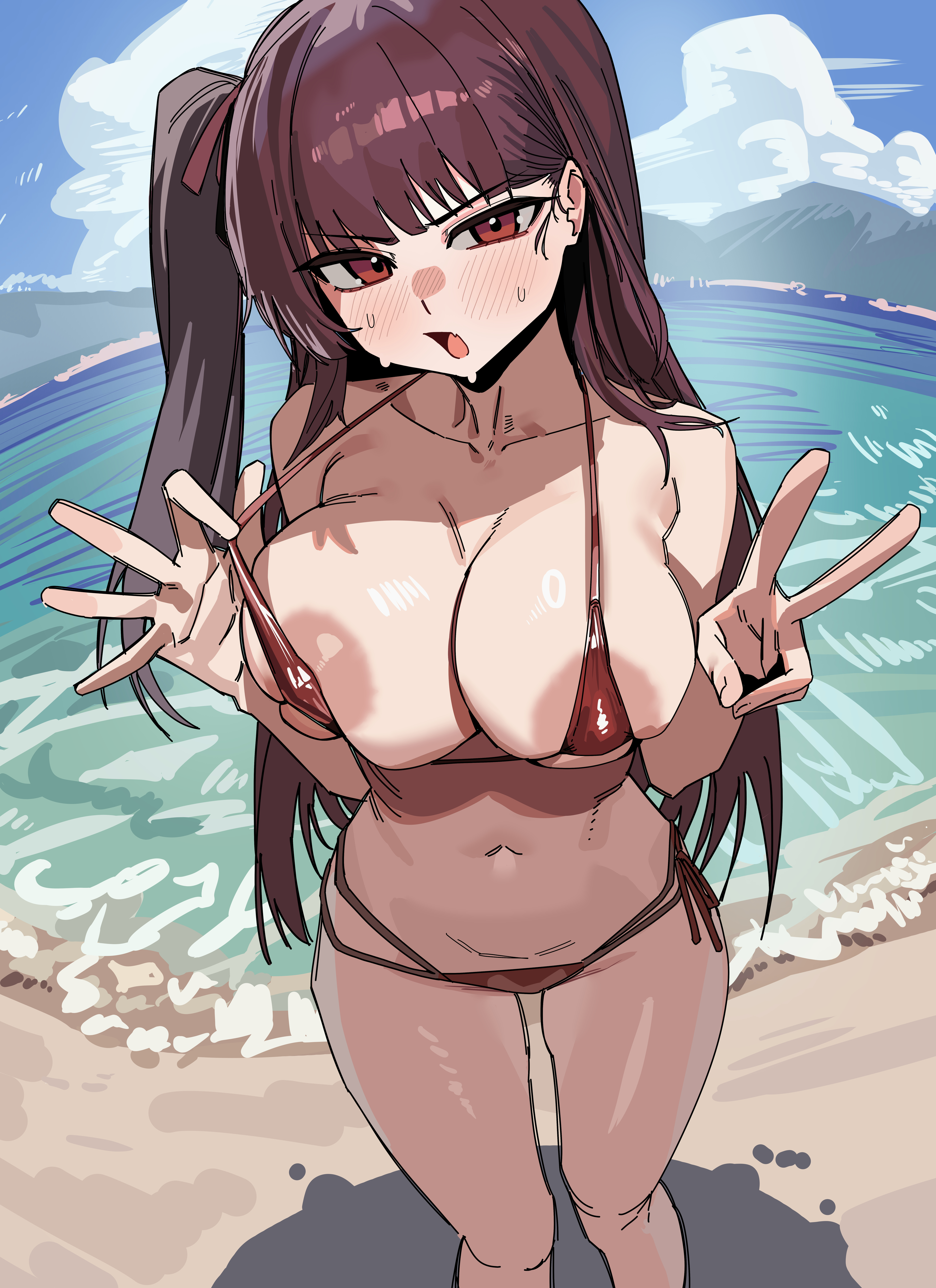 1girls, alternate version at source, alternate version available, areola slip, areolae, beach, big breasts, bikini, bikini bottom, bikini top, blush, breasts, feet out of frame, female, female only, girls' frontline, girls' frontline 2: exilium, hair ribbon, large breasts, long hair, looking at viewer, makiatto (girls' frontline 2), navel, ocean, open mouth, outdoors, purple hair, red eyes, ruppu, side ponytail, standing, sweat, sweatdrop, v sign, wa2000 (girls' frontline)