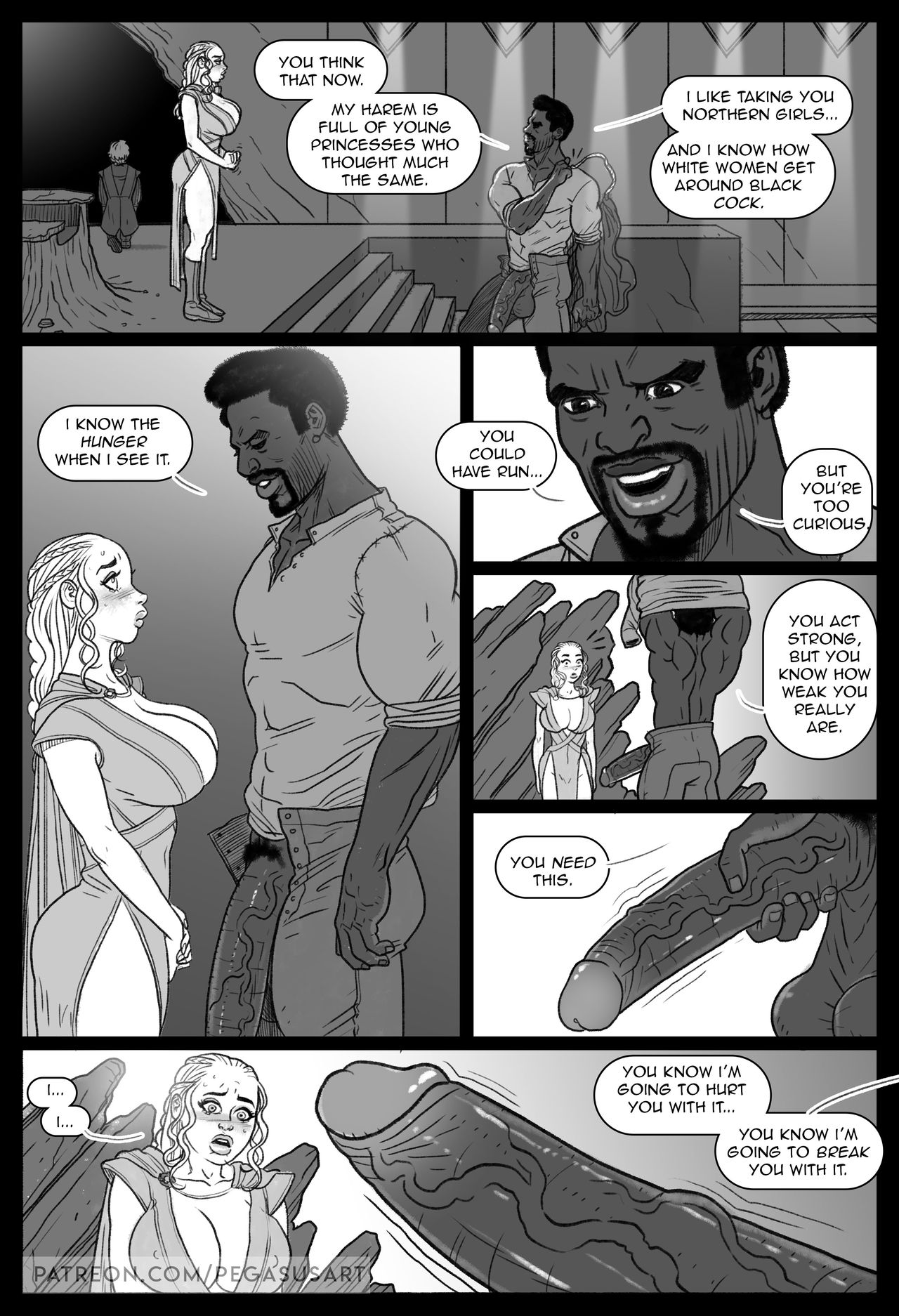 1girls, a song of ice and fire, big penis, breasts, daenerys targaryen, dark skin, dark-skinned male, english text, female, game of thrones, interracial, large breasts, male, pegasus (artist), penis, text
