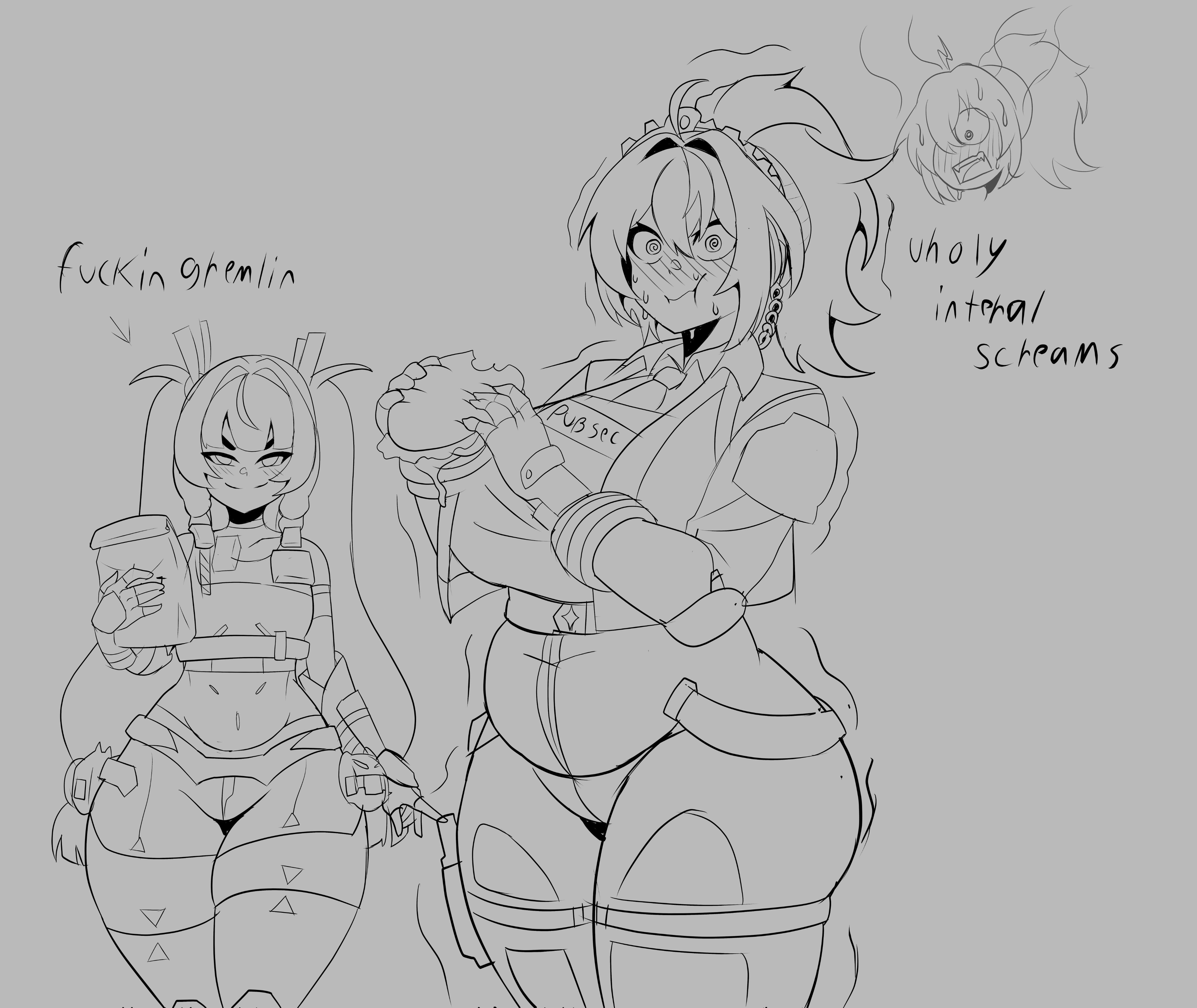 2026, 2girls, azzytheslime, chubby, chubby female, embarrassed, fat, female only, hoyoverse, humor, looking at viewer, new eridu public security, qingyi (zenless zone zero), tagme, thick, thick thighs, uncolored, wide hips, zenless zone zero, zhu yuan